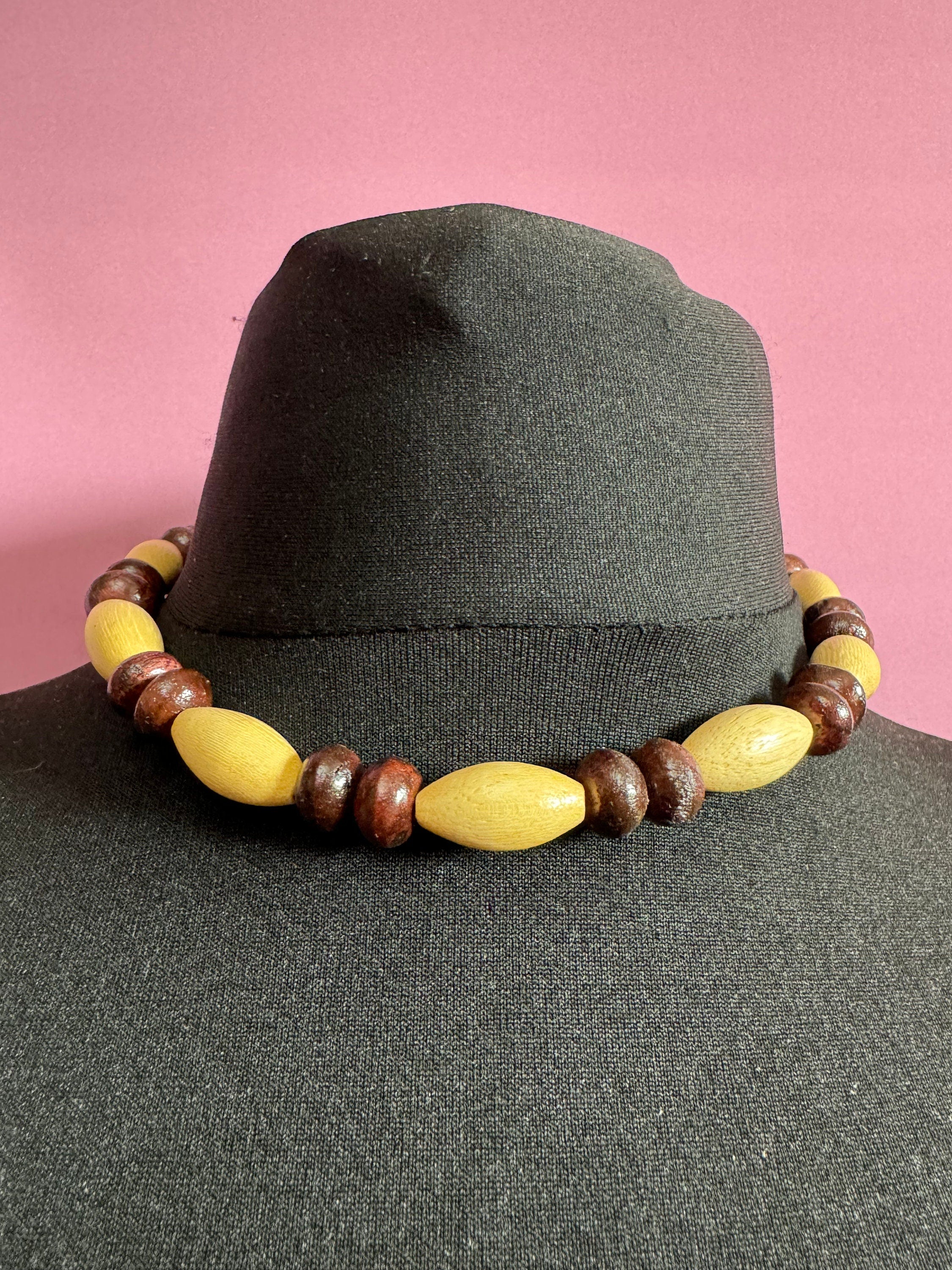 Retro beige and dark brown wooden natural oval beaded stretch choker necklace boho festival jewellery range
