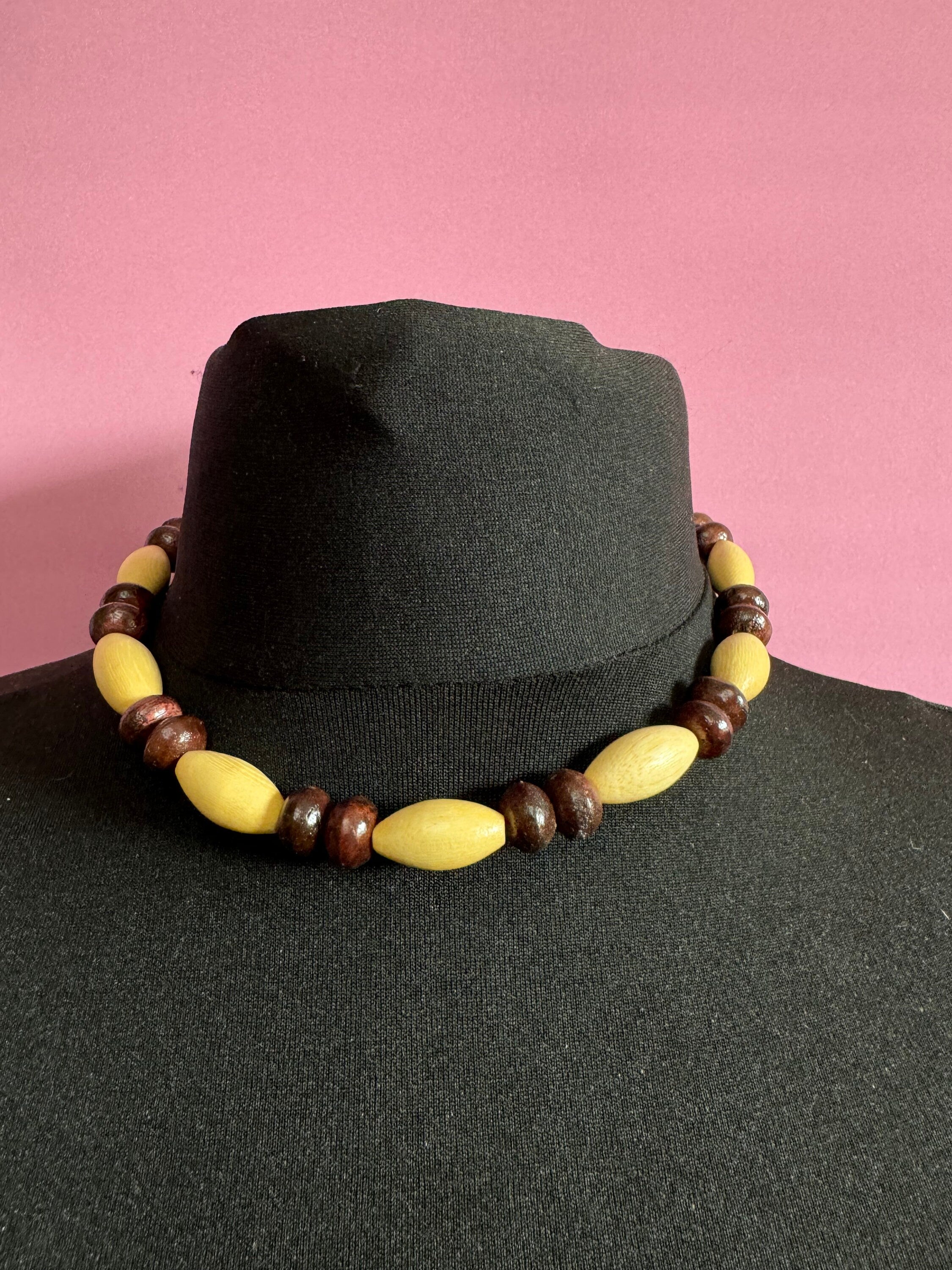 Retro beige and dark brown wooden natural oval beaded stretch choker necklace boho festival jewellery range