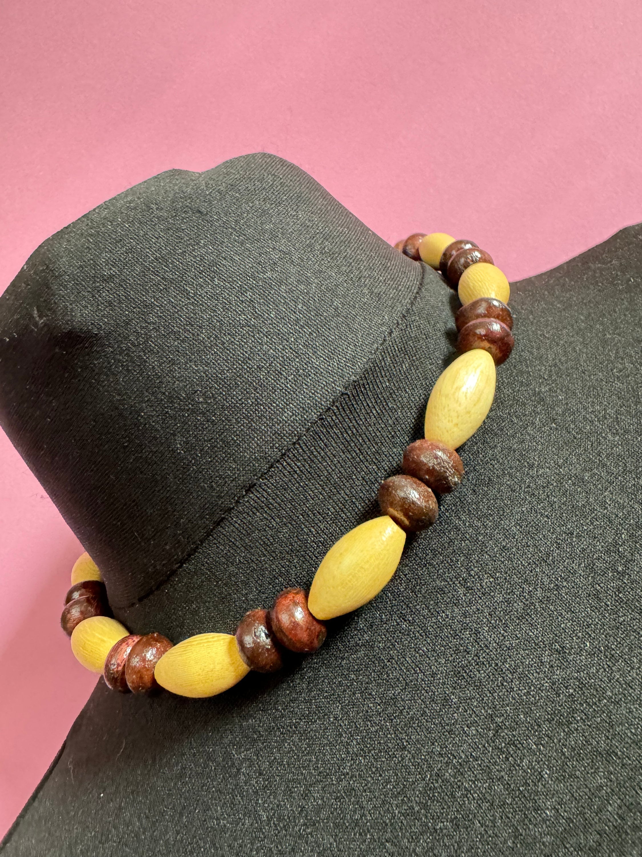 Retro beige and dark brown wooden natural oval beaded stretch choker necklace boho festival jewellery range