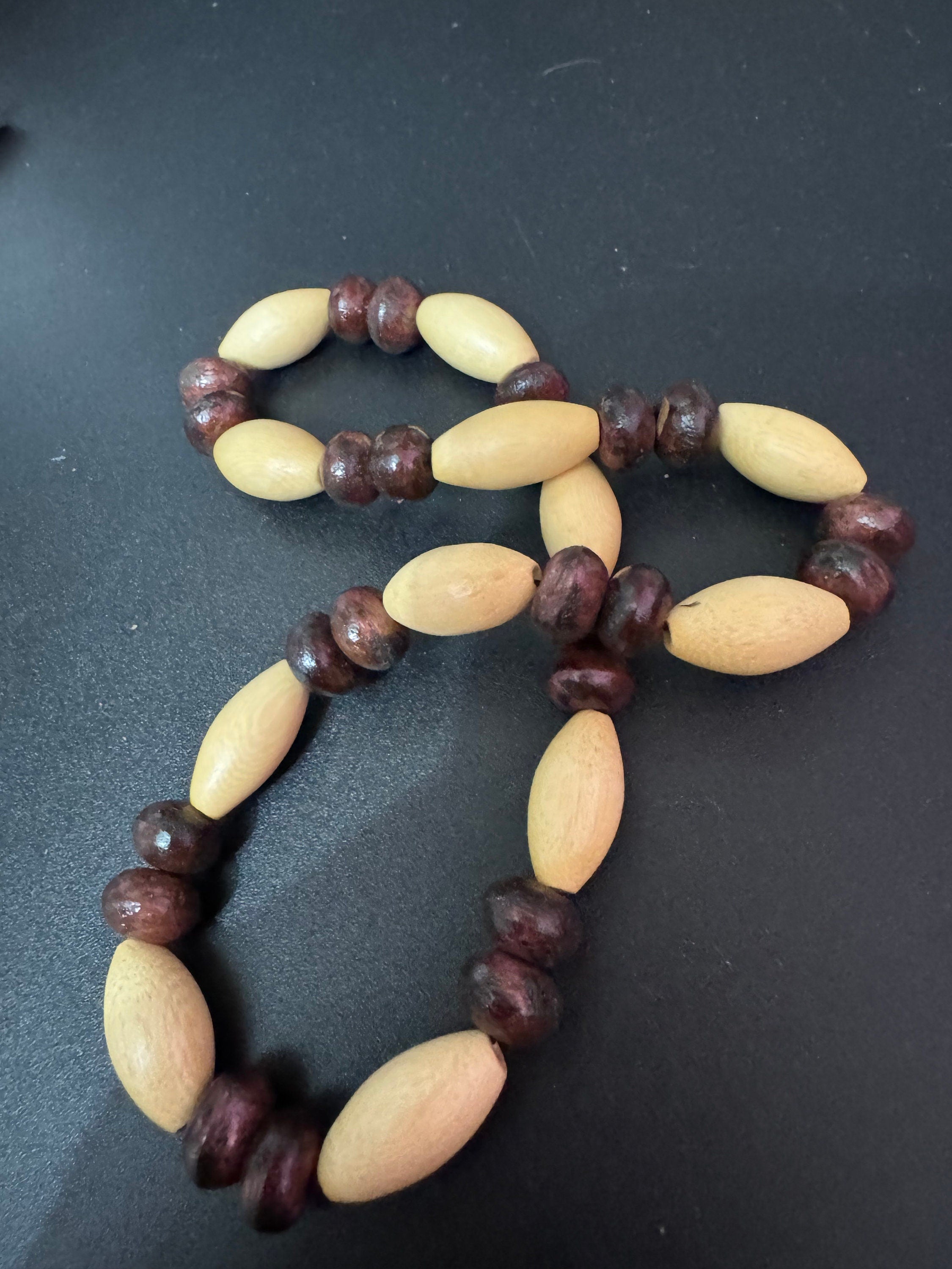 Retro beige and dark brown wooden natural oval beaded stretch choker necklace boho festival jewellery range