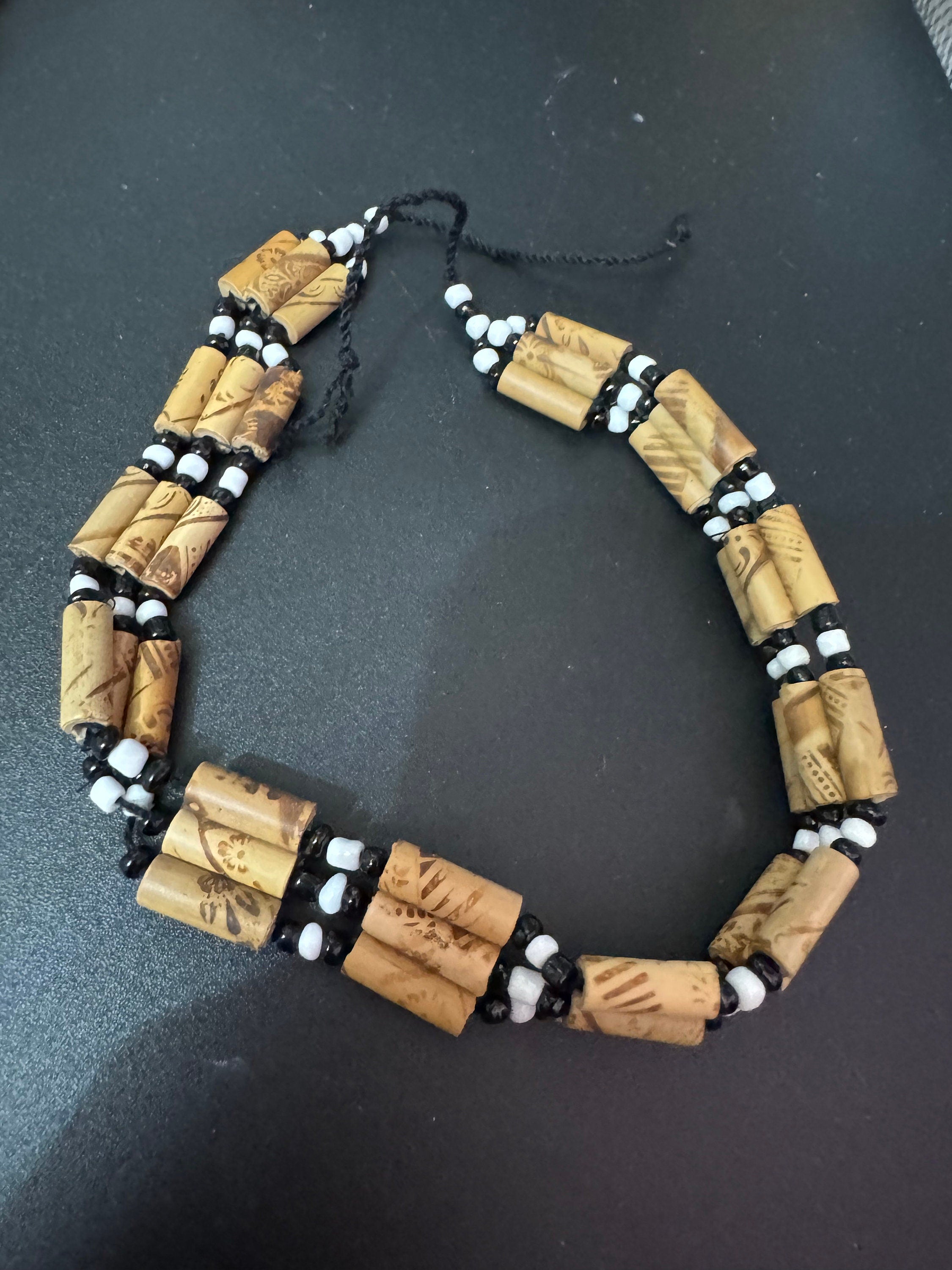 Retro brown white and black wooden natural  beaded tie up choker necklace boho beach festival jewellery range