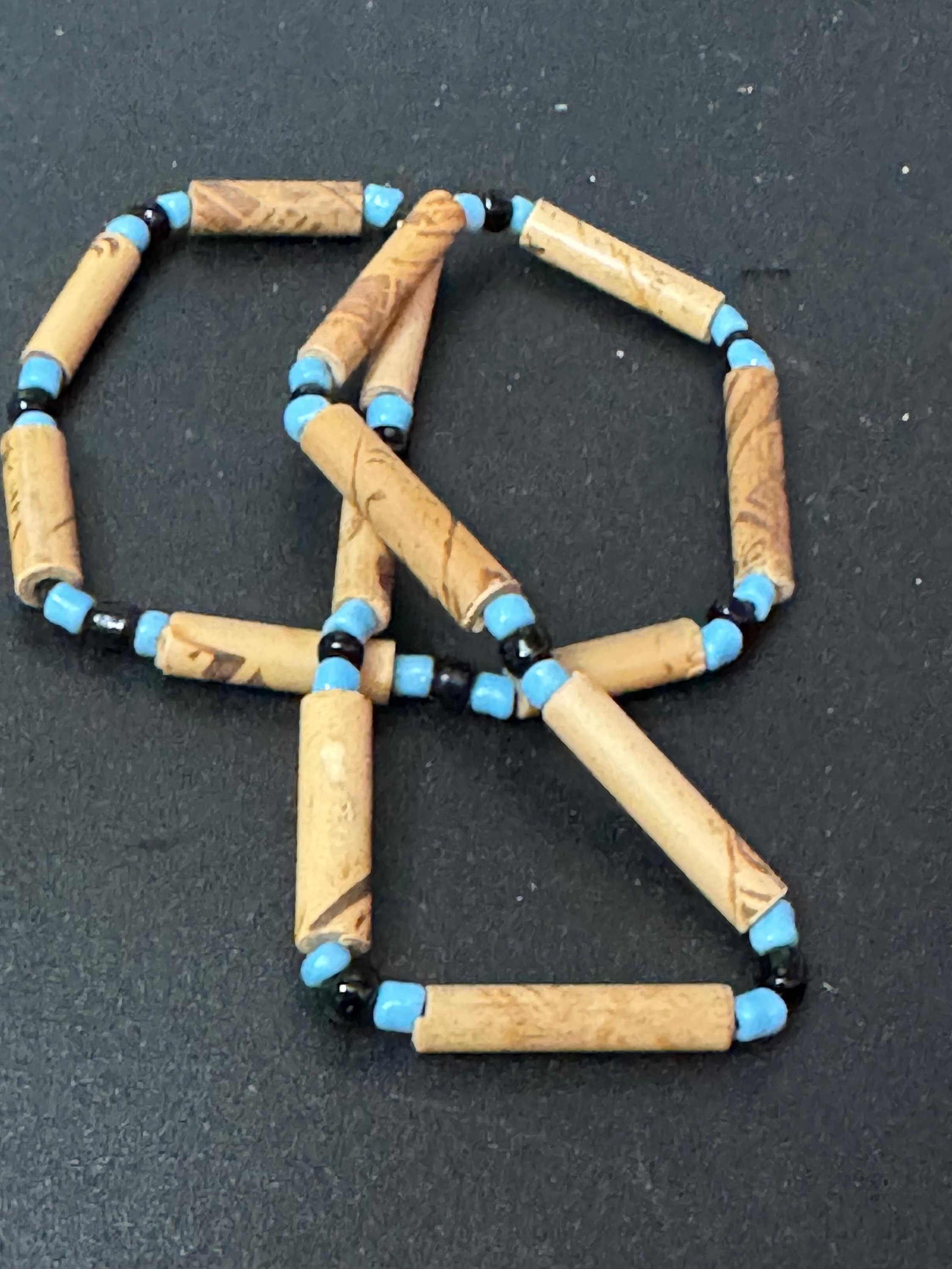 Retro turquoise blue and black wooden natural  beaded elasticated choker necklace boho beach festival jewellery range