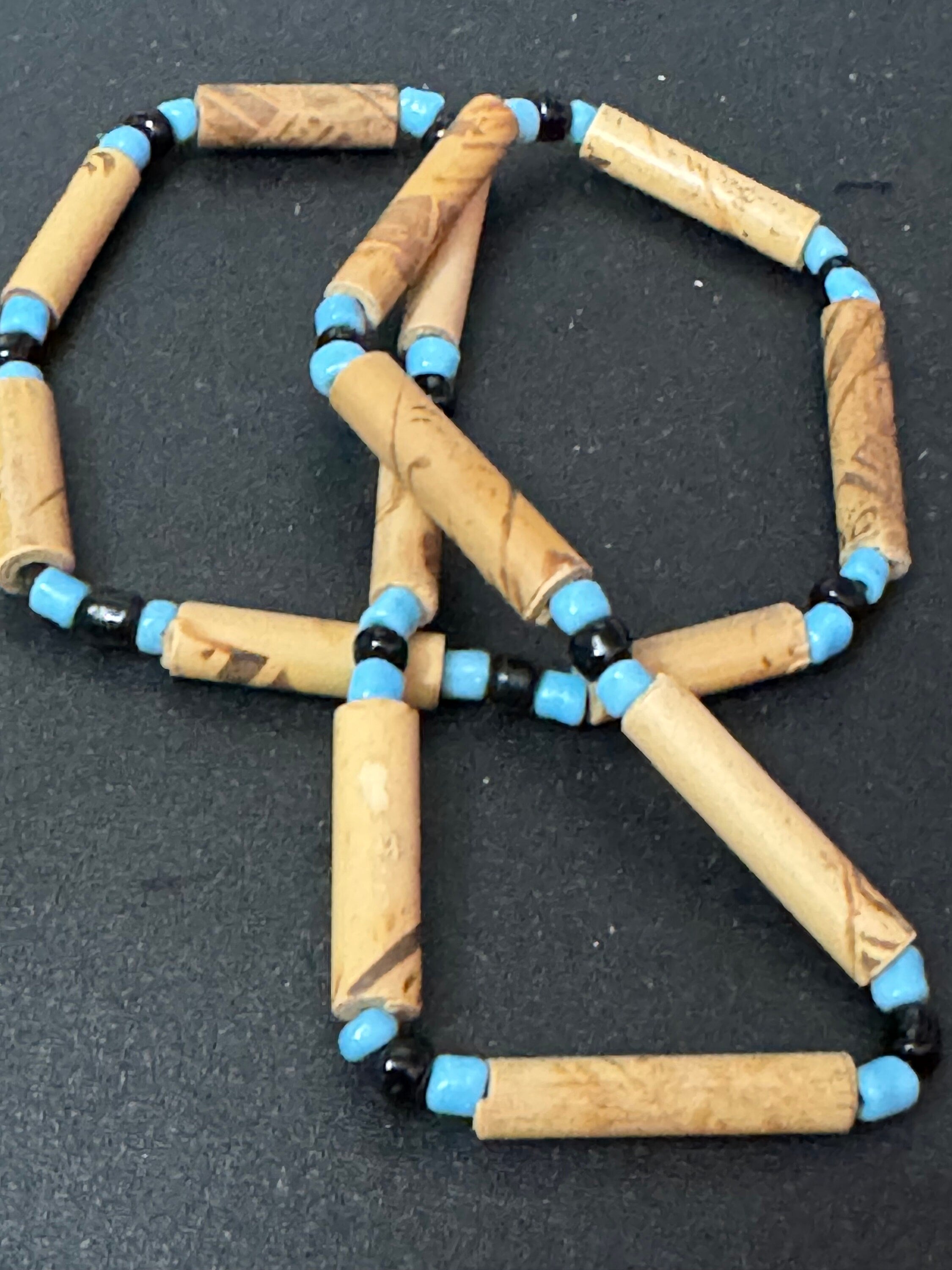 Retro turquoise blue and black wooden natural  beaded elasticated choker necklace boho beach festival jewellery range