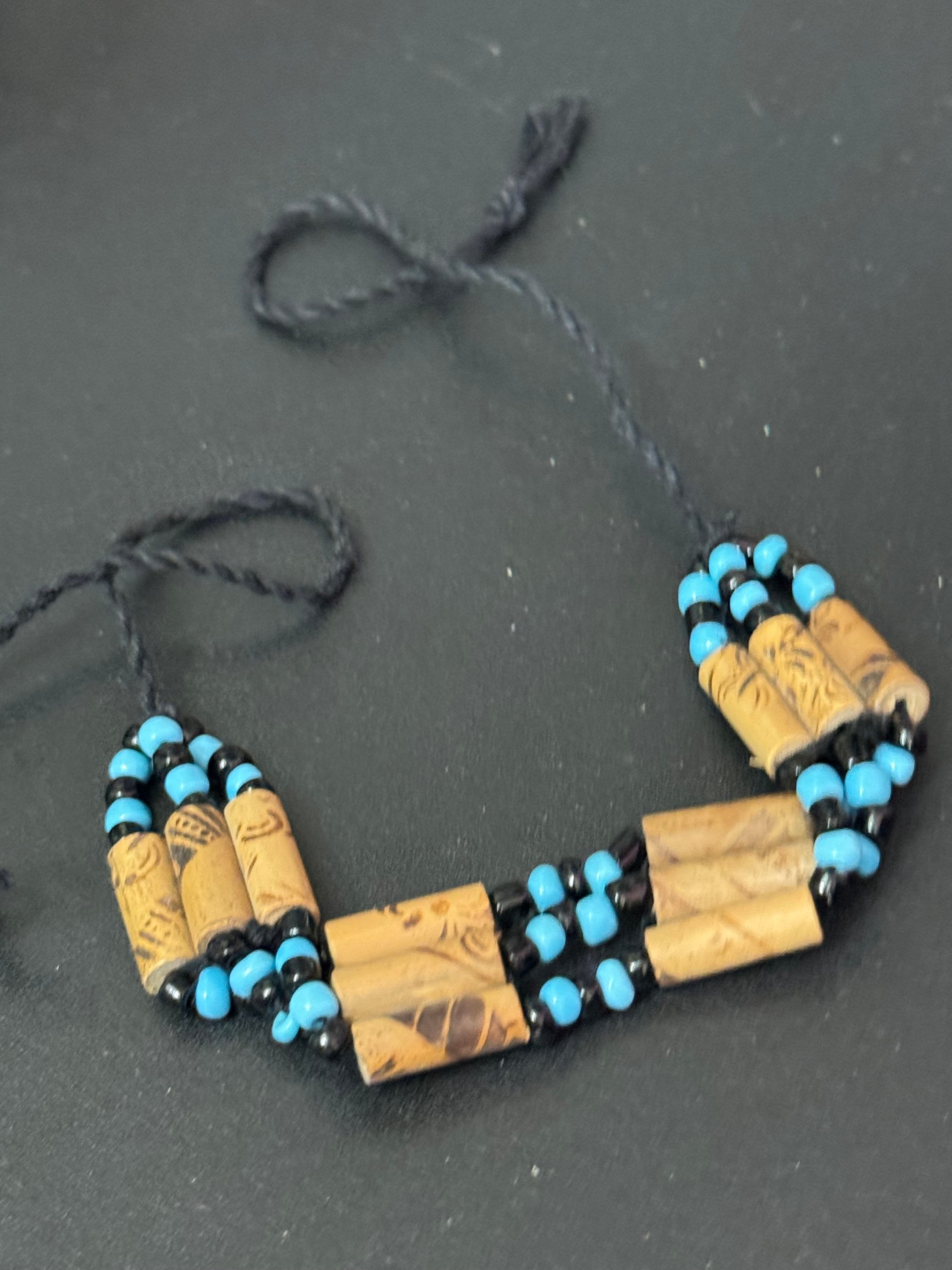 Retro turquoise blue and black wooden natural  beaded tie up bracelet unisex boho beach festival jewellery range