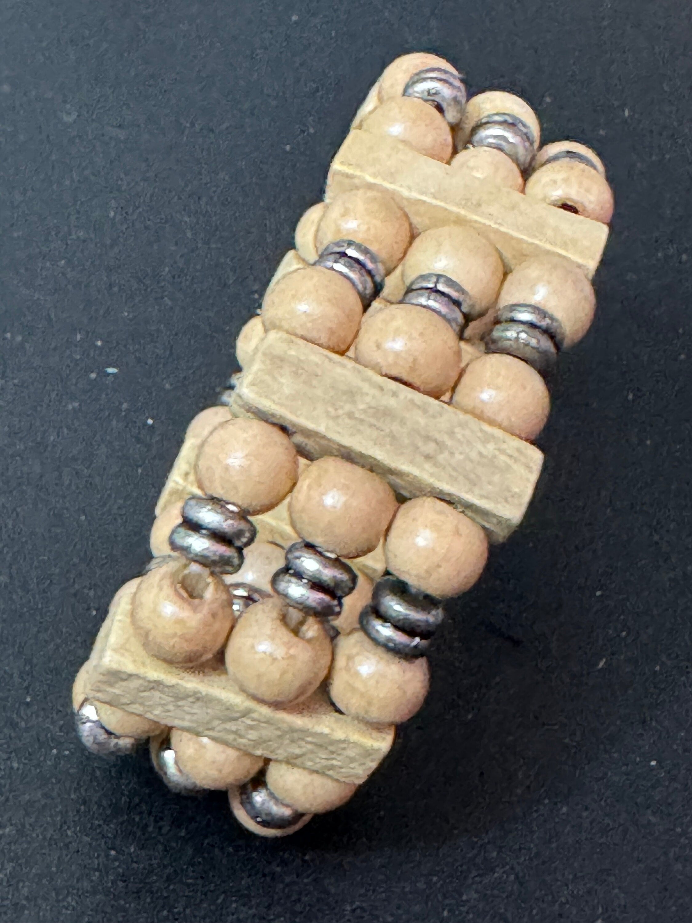 Retro triple row brown wood and natural nut beaded elasticated stretch bracelet unisex boho beach festival jewellery range