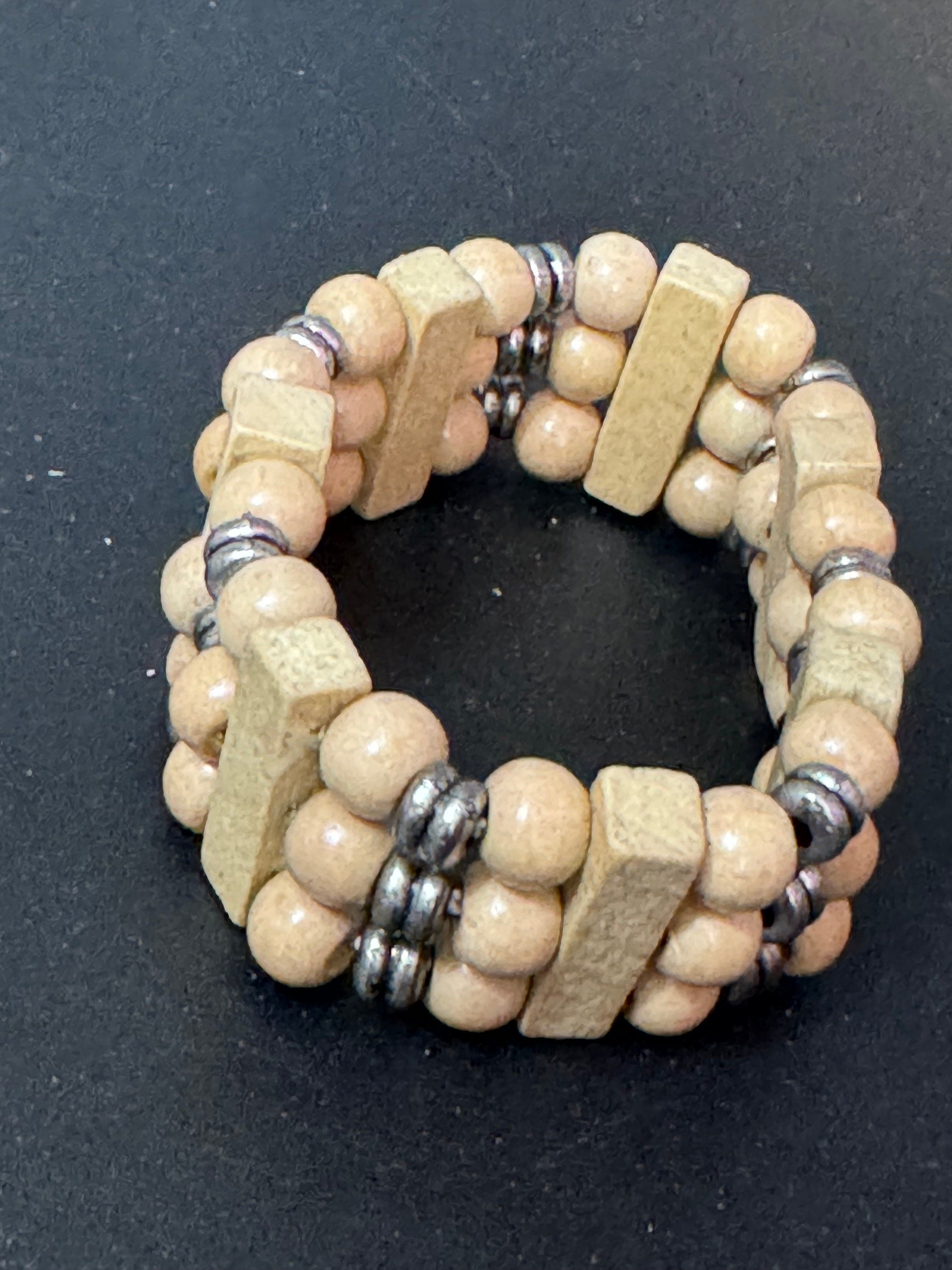 Retro triple row brown wood and natural nut beaded elasticated stretch bracelet unisex boho beach festival jewellery range