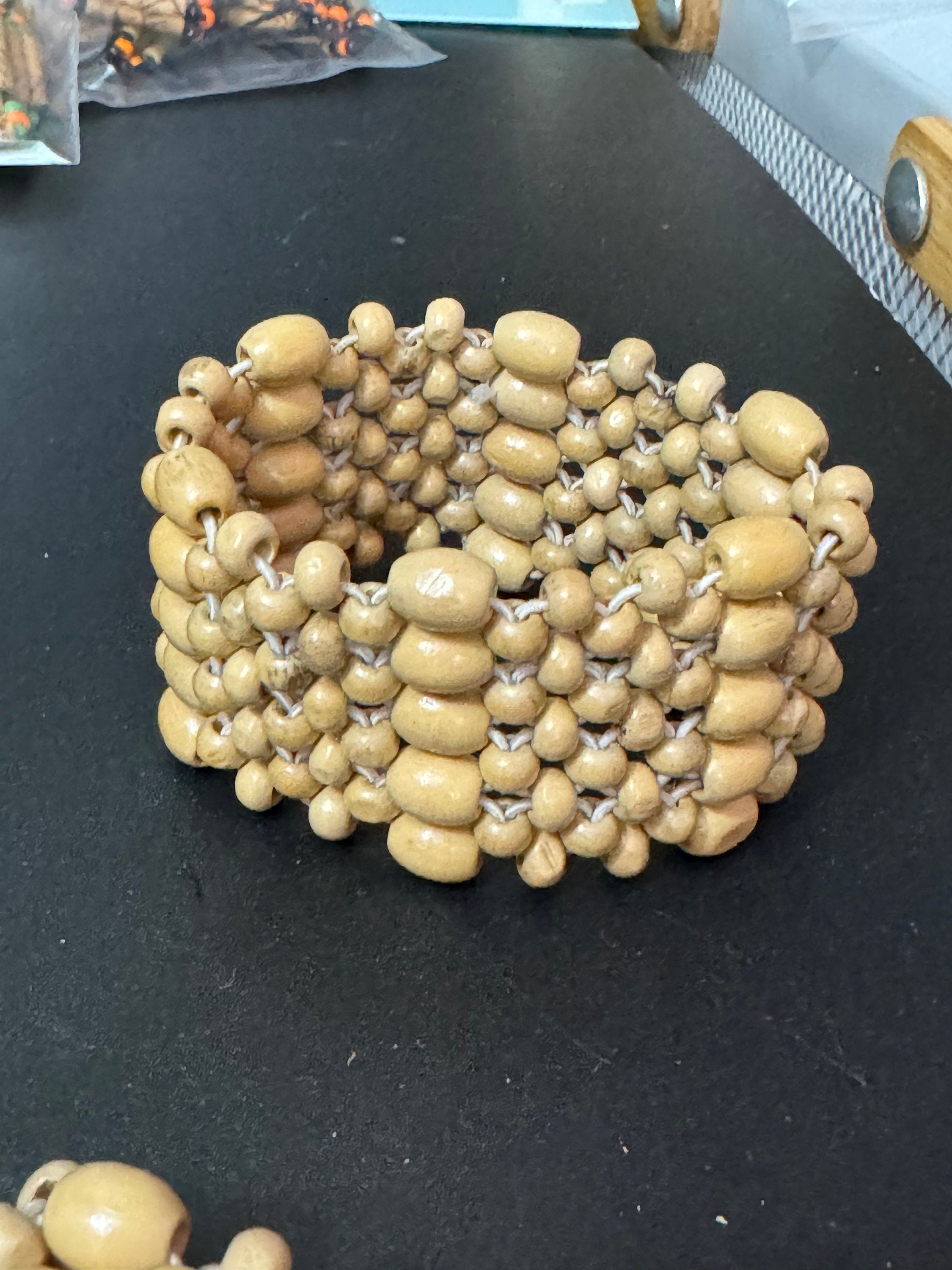 Retro 5 row wide brown wood and natural nut beaded elasticated stretch bracelet unisex boho beach festival jewellery range