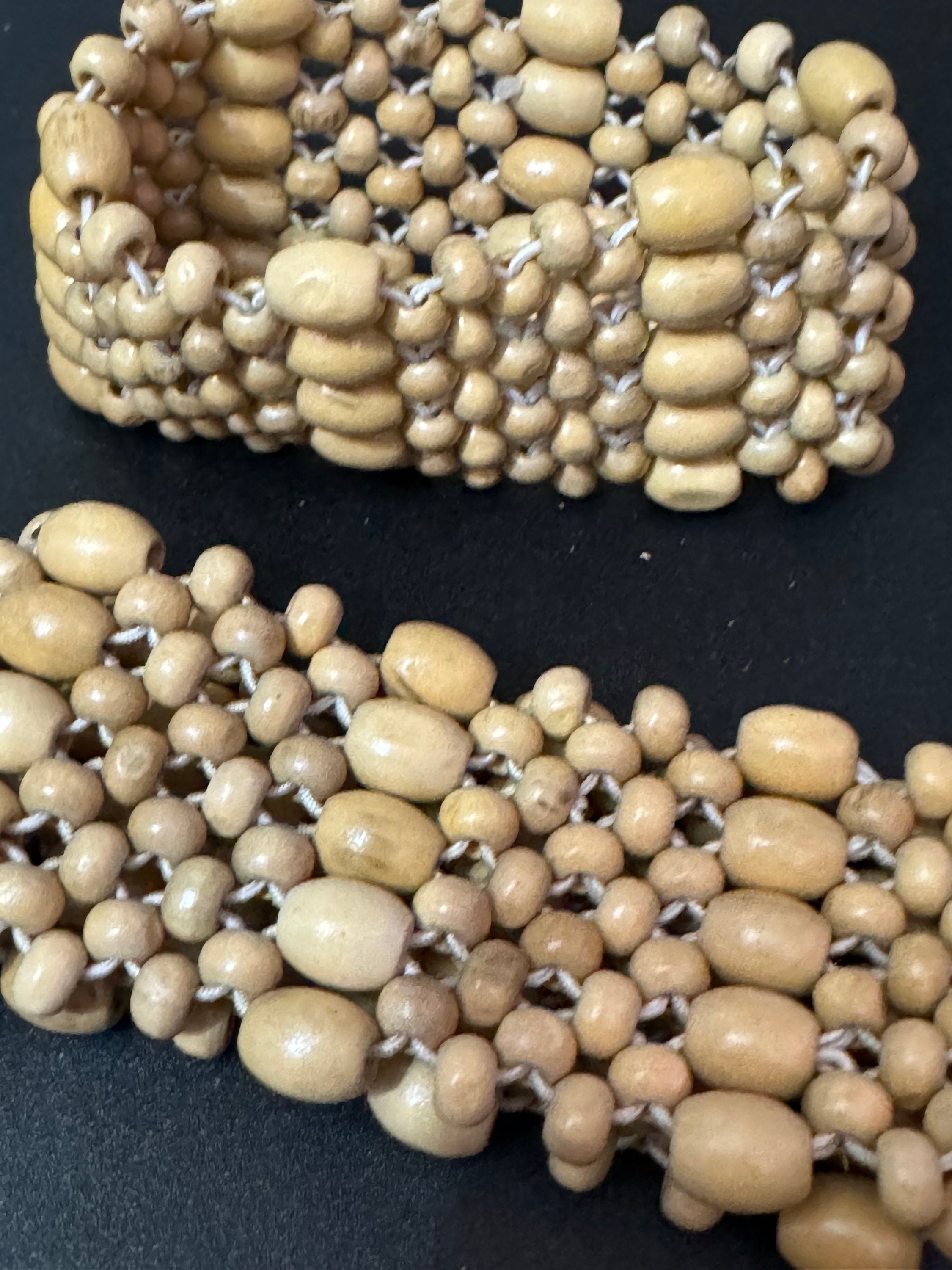 Retro 5 row wide brown wood and natural nut beaded elasticated stretch bracelet unisex boho beach festival jewellery range