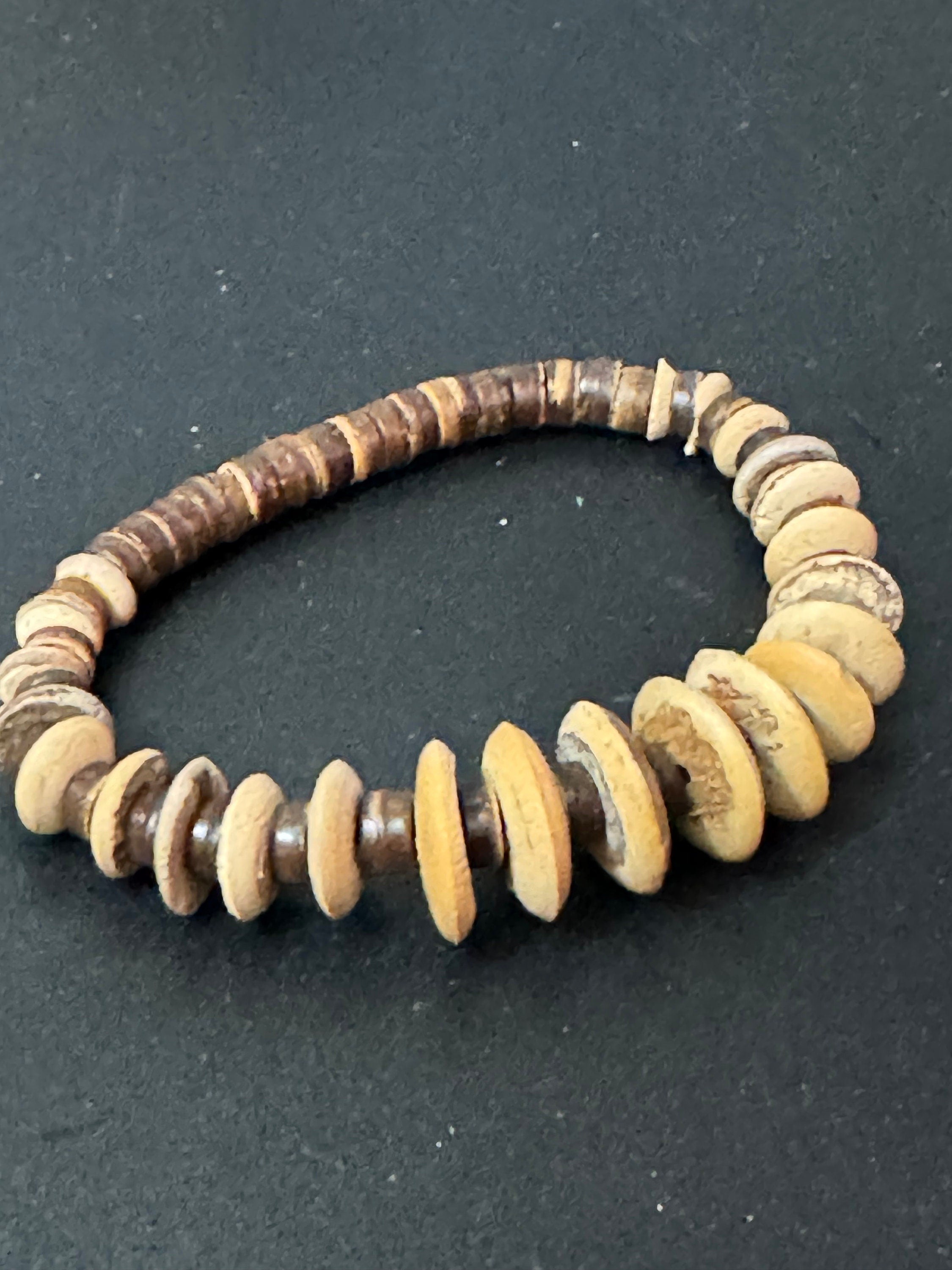 Retro brown wood and natural nut beaded elasticated stretch bracelet unisex boho beach festival jewellery range