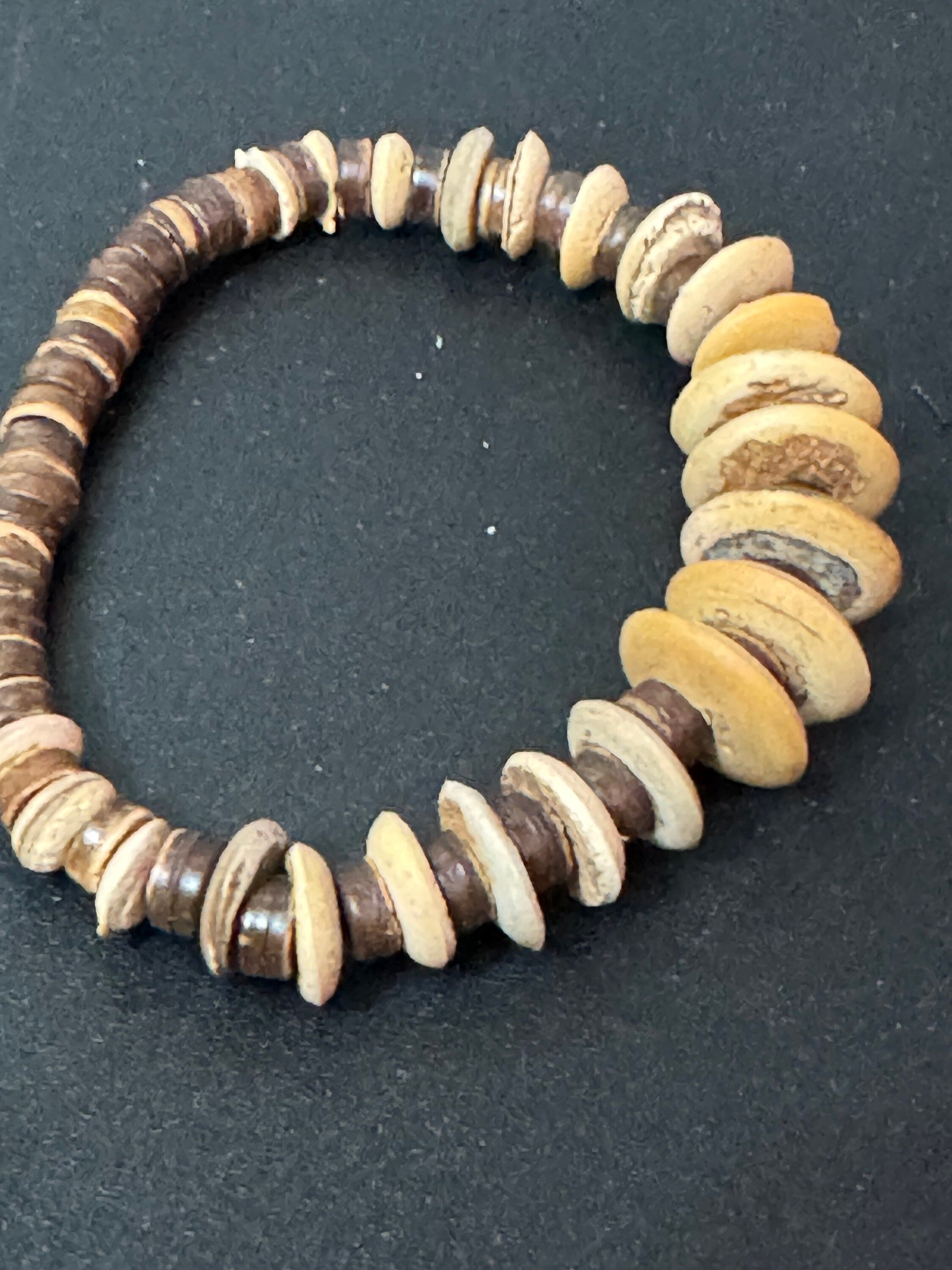 Retro brown wood and natural nut beaded elasticated stretch bracelet unisex boho beach festival jewellery range