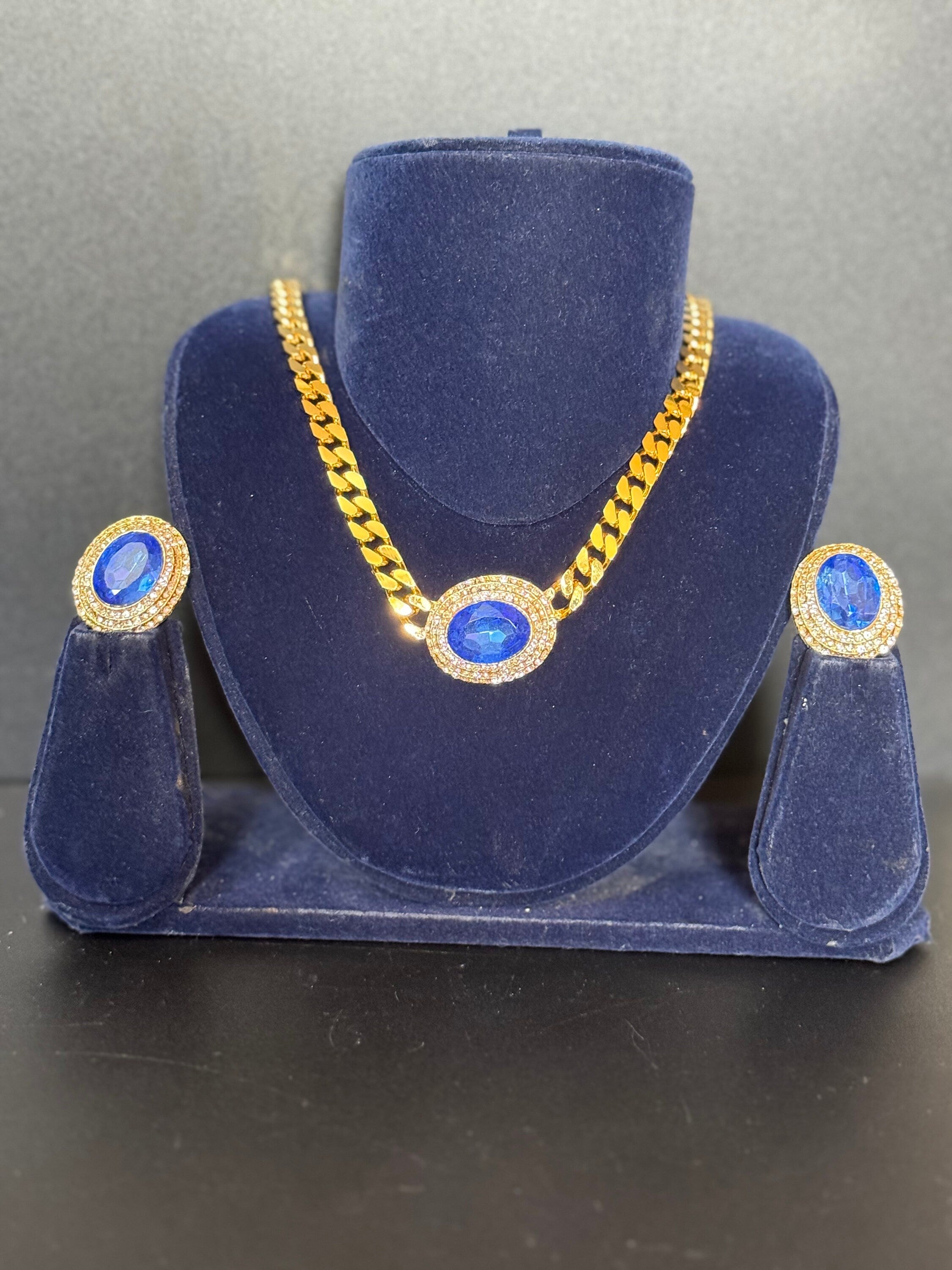 Vintage sapphire blue clear genuine Swarovski crystal oval gold tone necklace and oversized clip on earrings jewellery set
