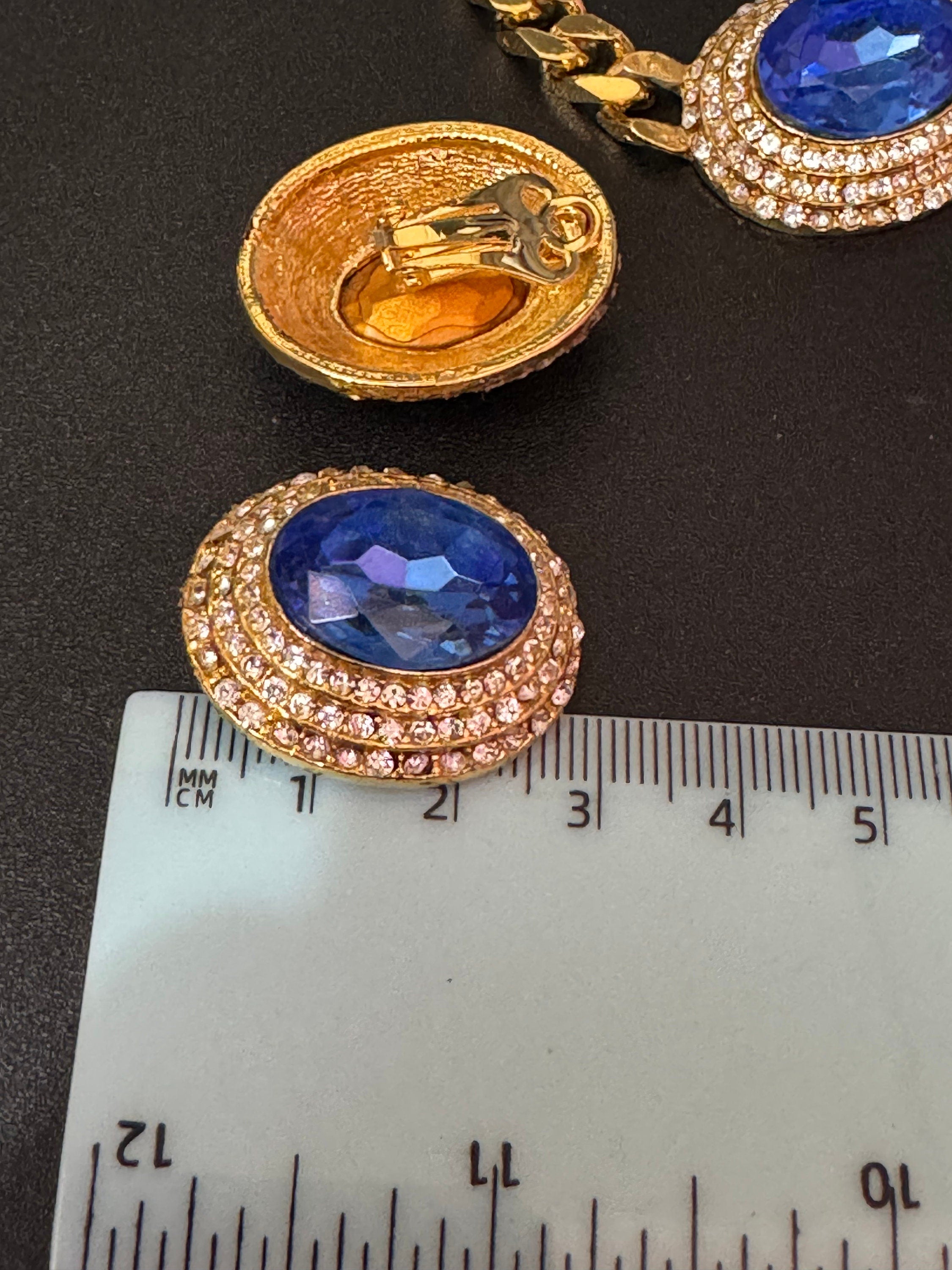Vintage sapphire blue clear genuine Swarovski crystal oval gold tone necklace and oversized clip on earrings jewellery set