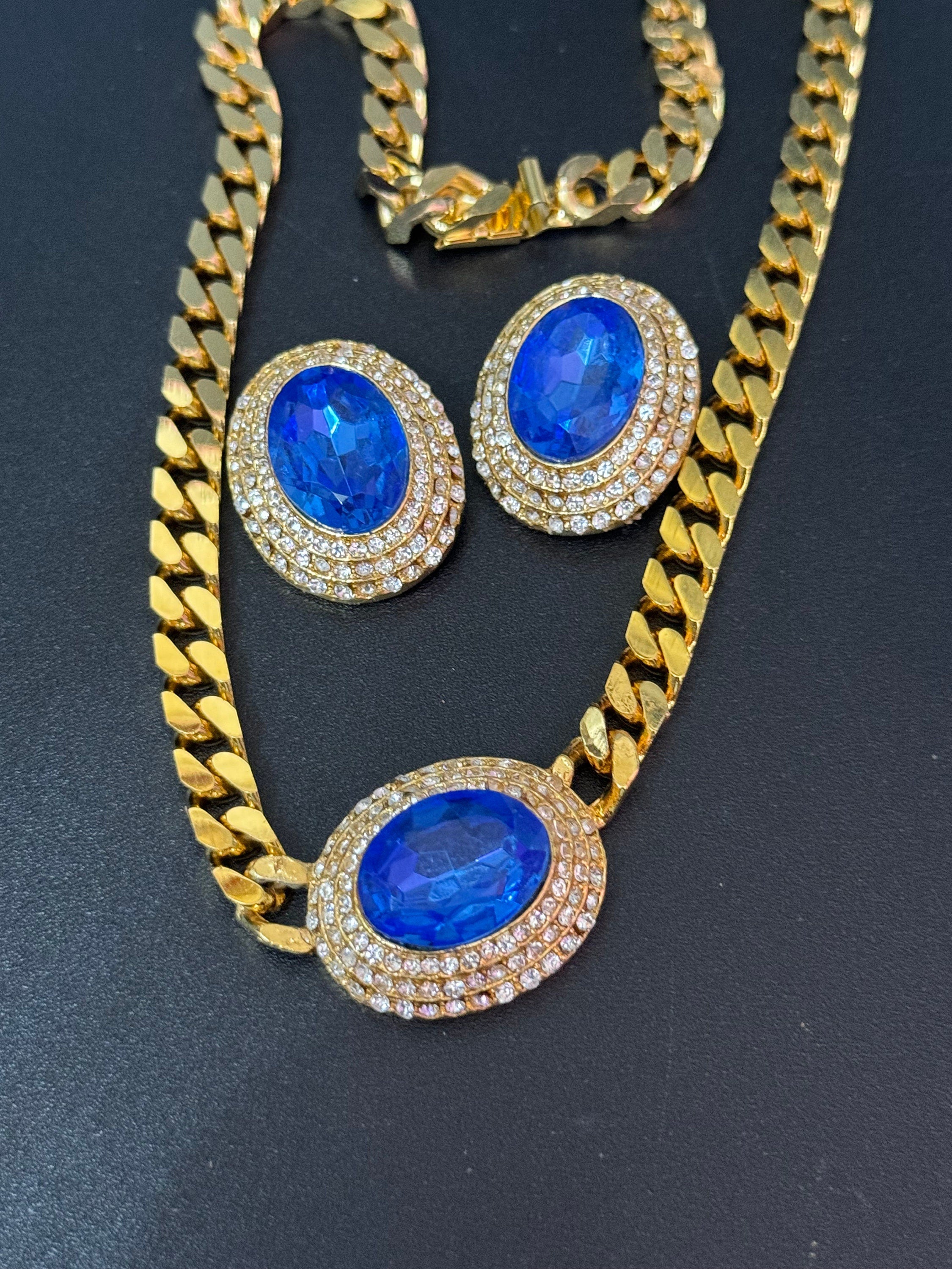 Vintage sapphire blue clear genuine Swarovski crystal oval gold tone necklace and oversized clip on earrings jewellery set