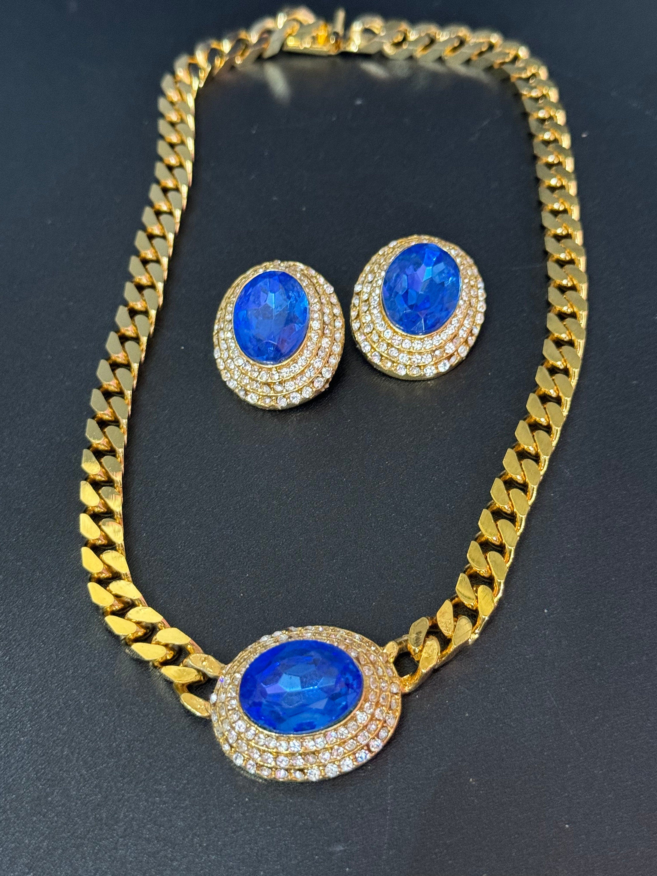 Vintage sapphire blue clear genuine Swarovski crystal oval gold tone necklace and oversized clip on earrings jewellery set