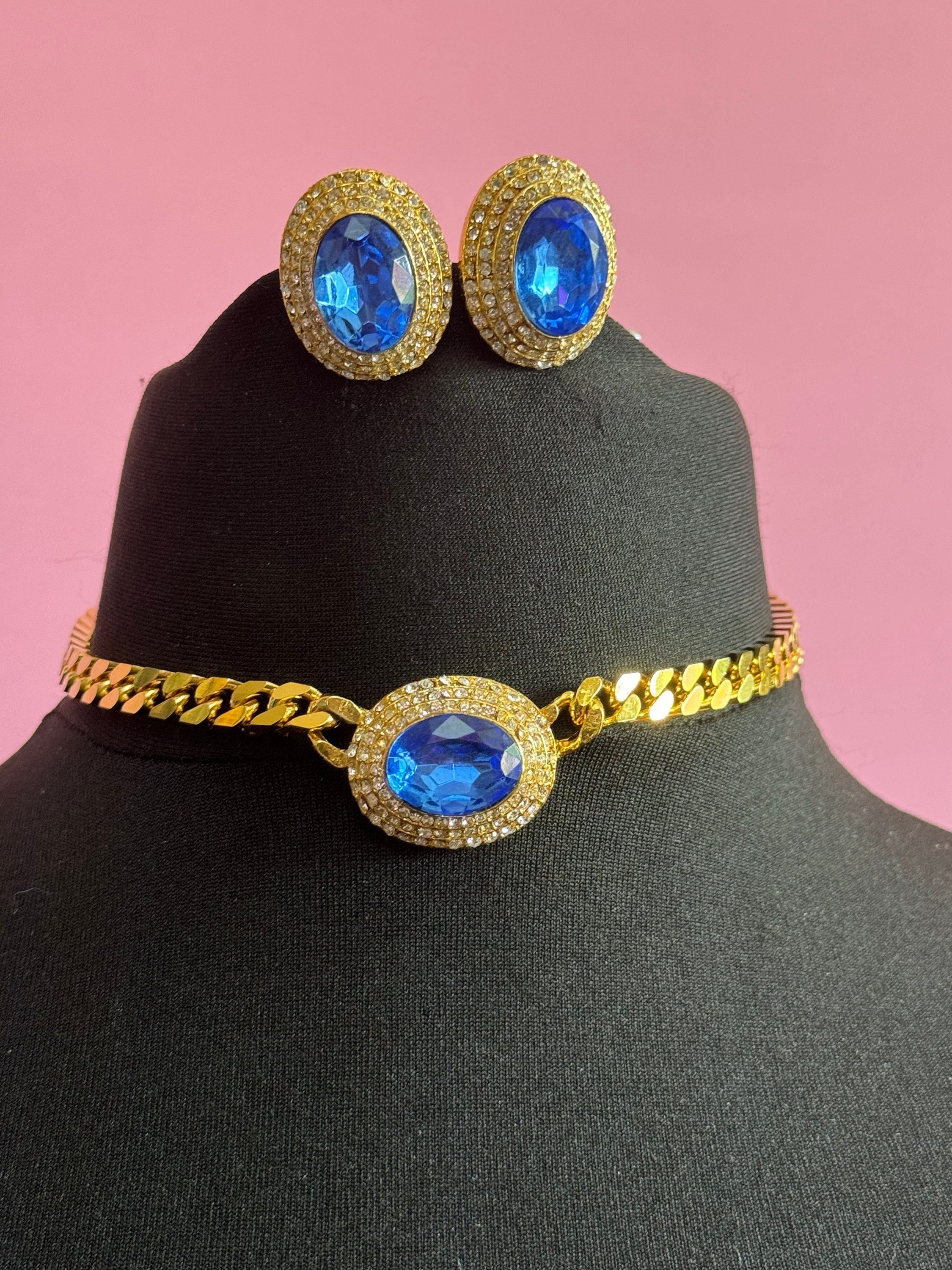 Vintage sapphire blue clear genuine Swarovski crystal oval gold tone necklace and oversized clip on earrings jewellery set