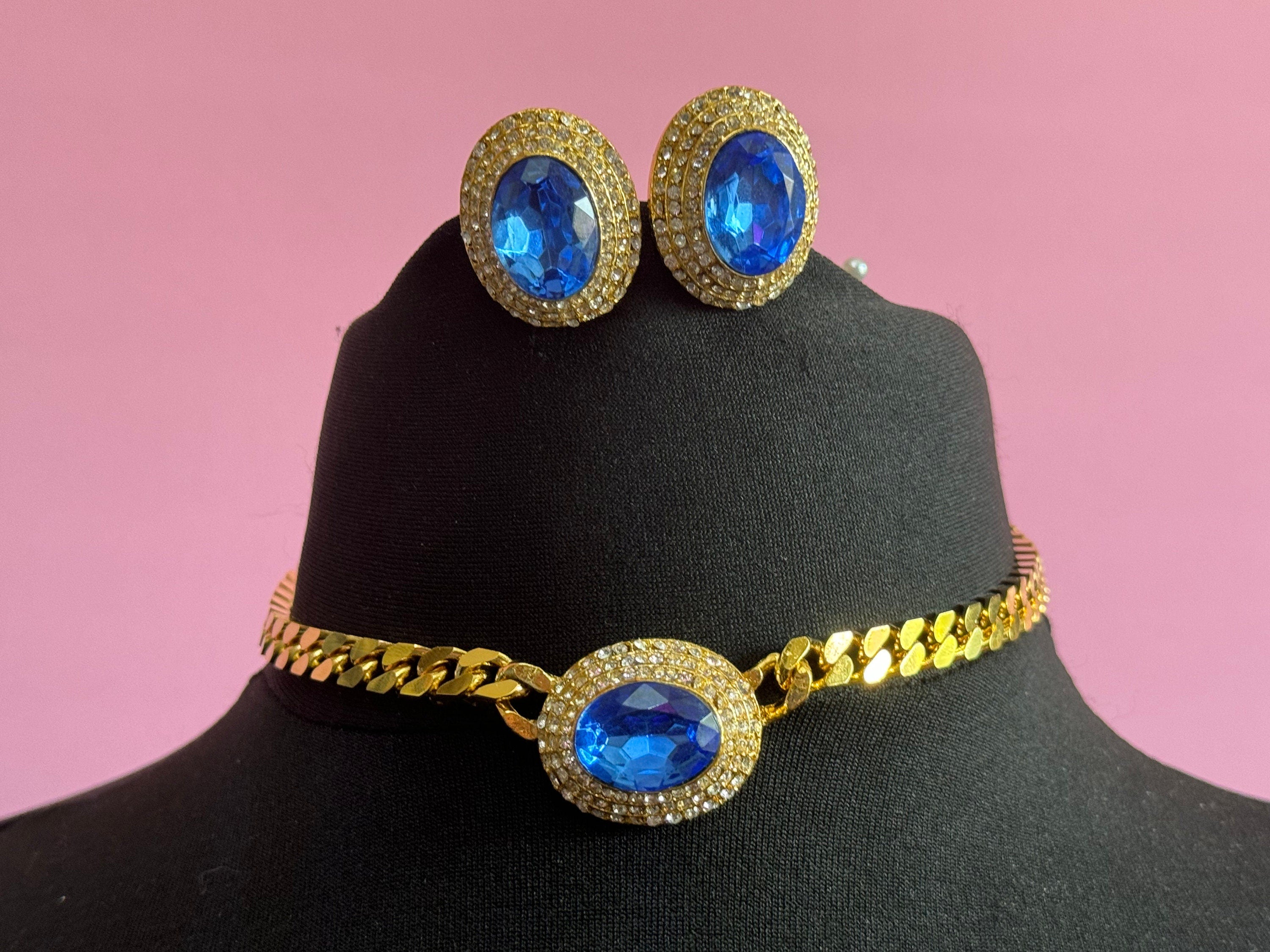 Vintage sapphire blue clear genuine Swarovski crystal oval gold tone necklace and oversized clip on earrings jewellery set