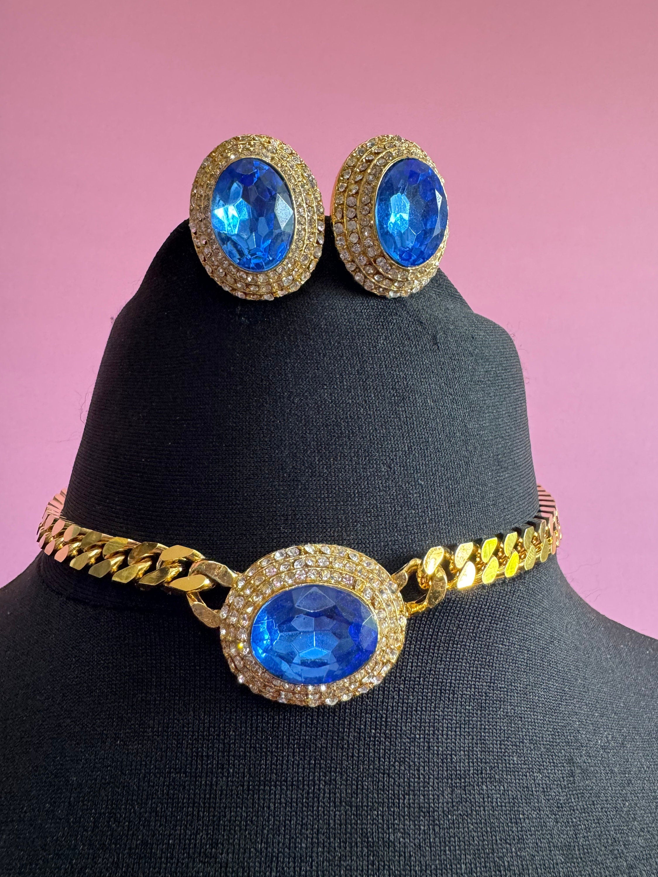 Vintage sapphire blue clear genuine Swarovski crystal oval gold tone necklace and oversized clip on earrings jewellery set