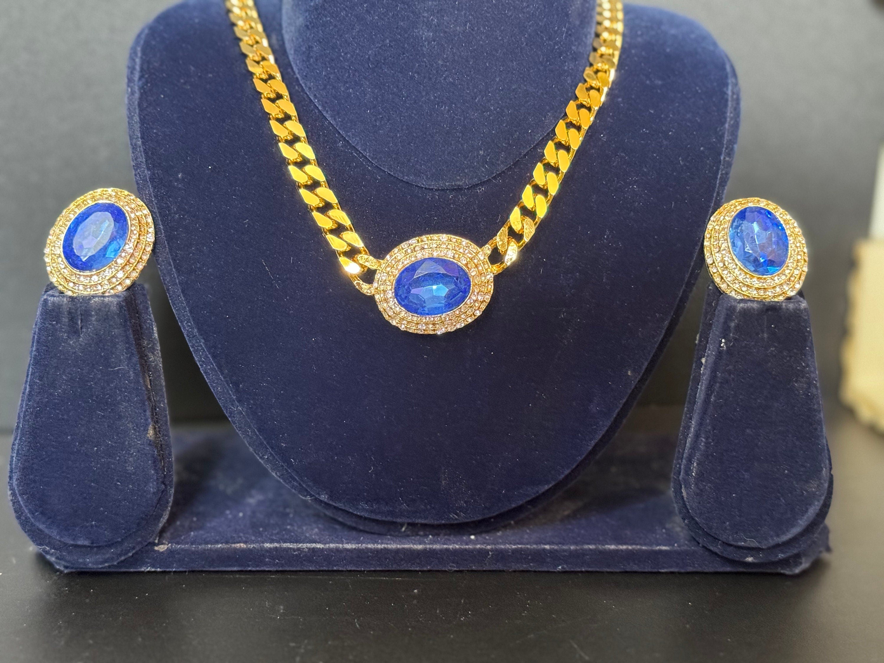 Vintage sapphire blue clear genuine Swarovski crystal oval gold tone necklace and oversized clip on earrings jewellery set