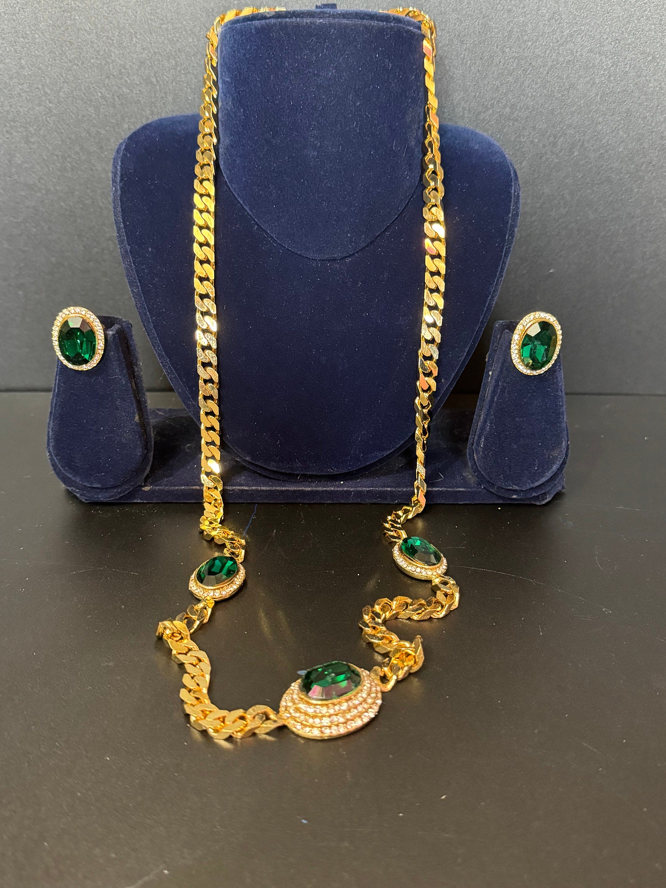 Vintage emerald green clear genuine Swarovski crystal gold tone oval rhinestone station necklace and  clip on earrings