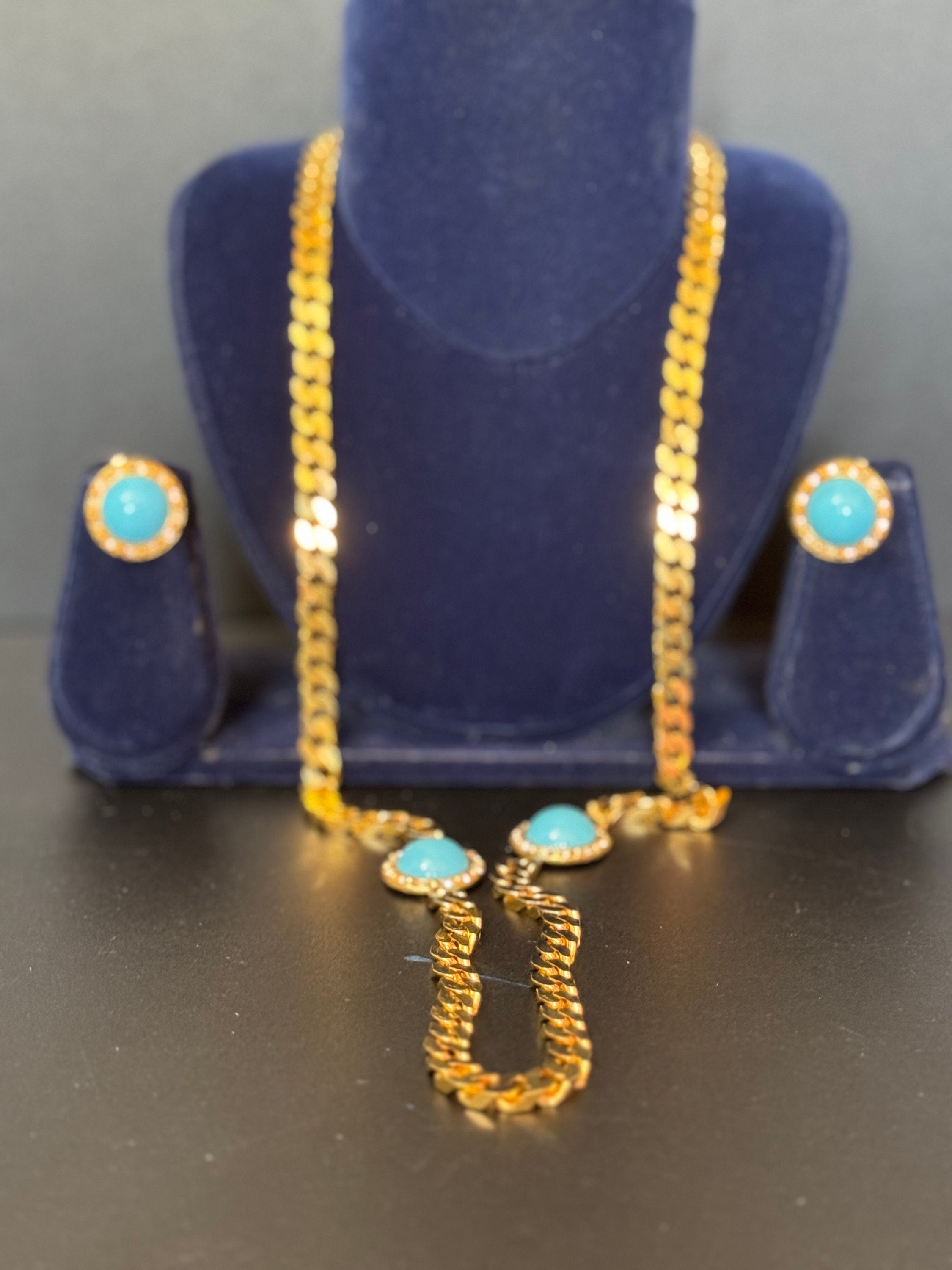 Vintage turquoise blue cabochon clear genuine Swarovski crystal gold tone round rhinestone station necklace and clip on earrings