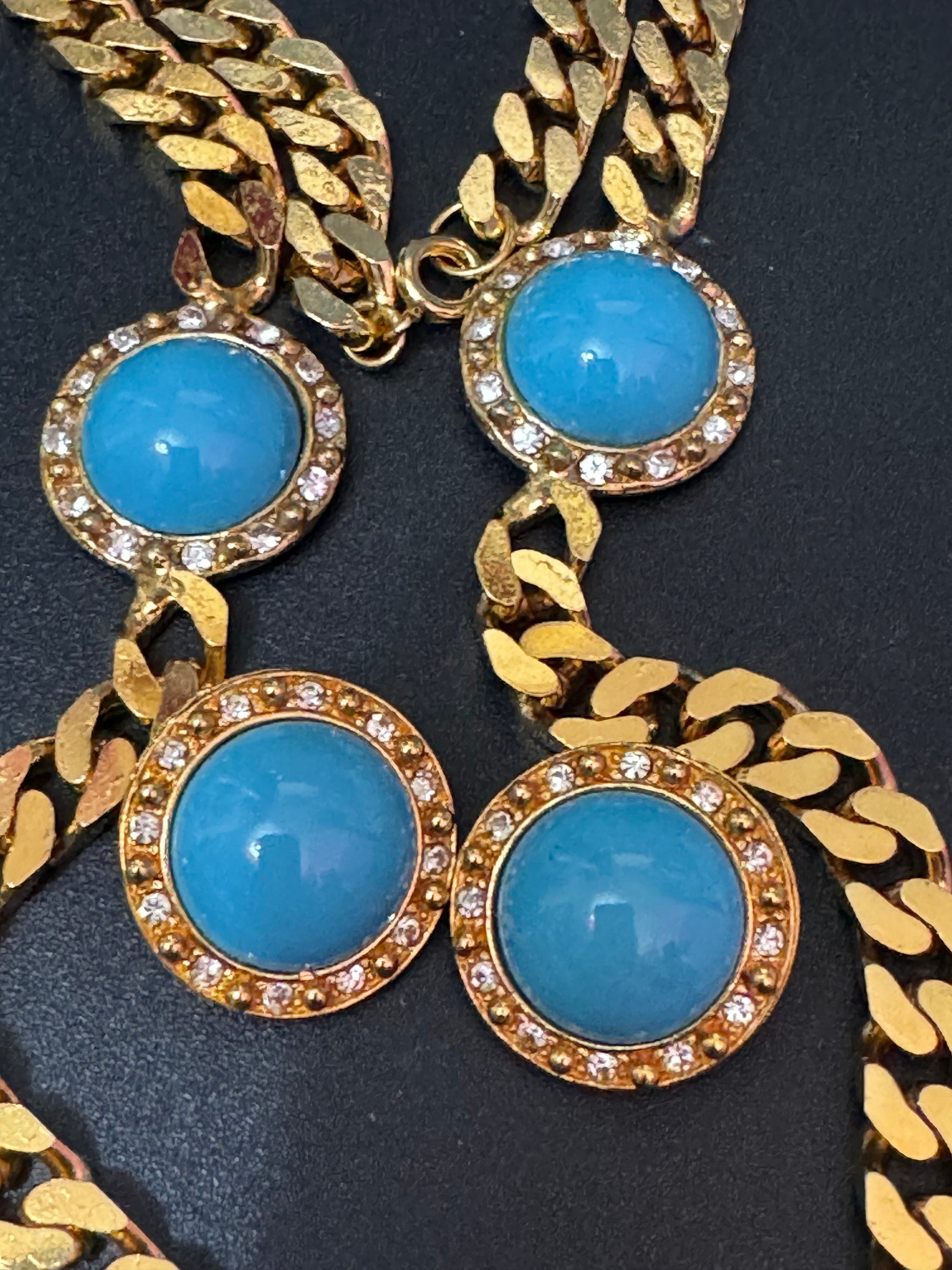 Vintage turquoise blue cabochon clear genuine Swarovski crystal gold tone round rhinestone station necklace and clip on earrings