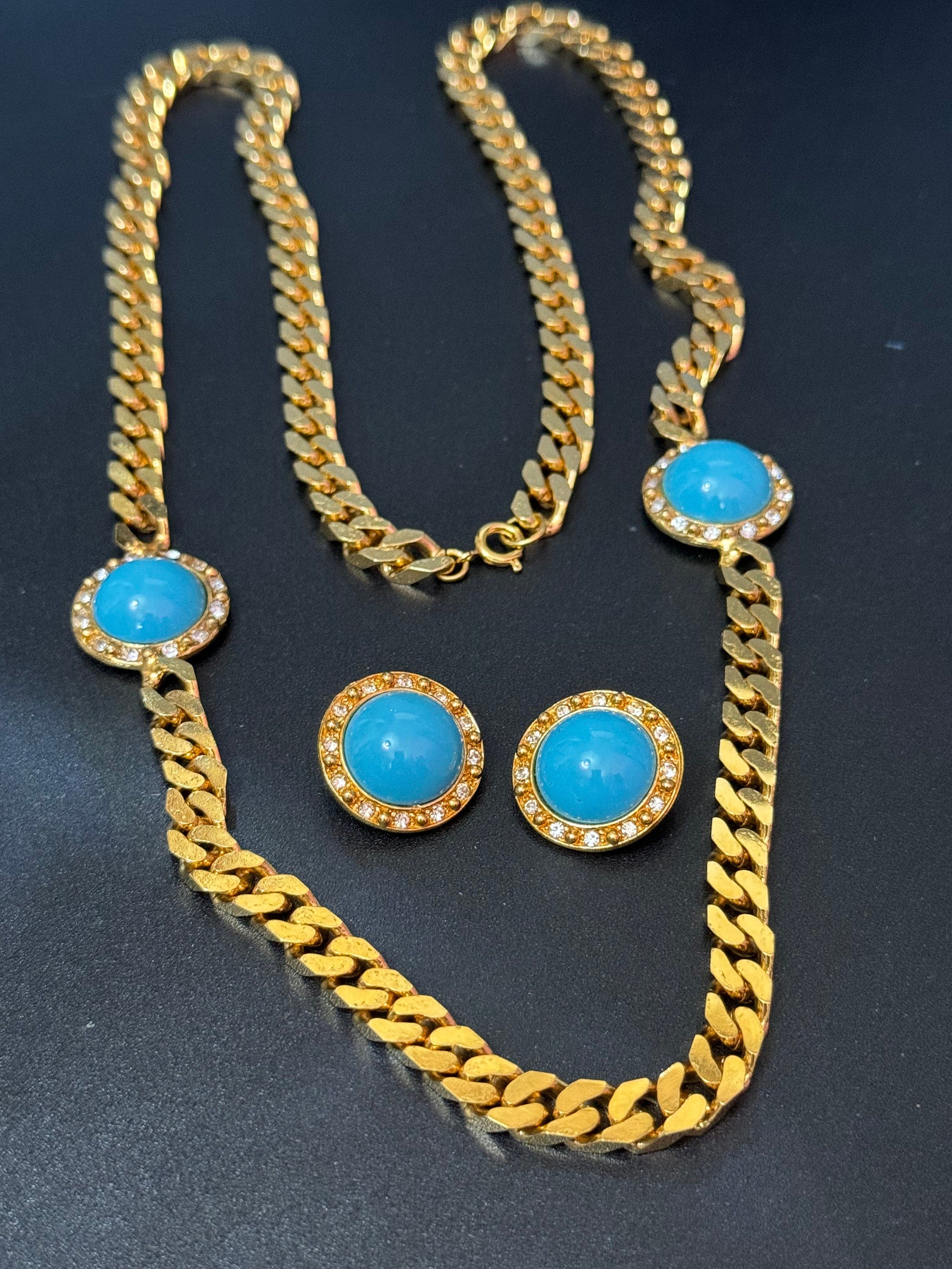 Vintage turquoise blue cabochon clear genuine Swarovski crystal gold tone round rhinestone station necklace and clip on earrings