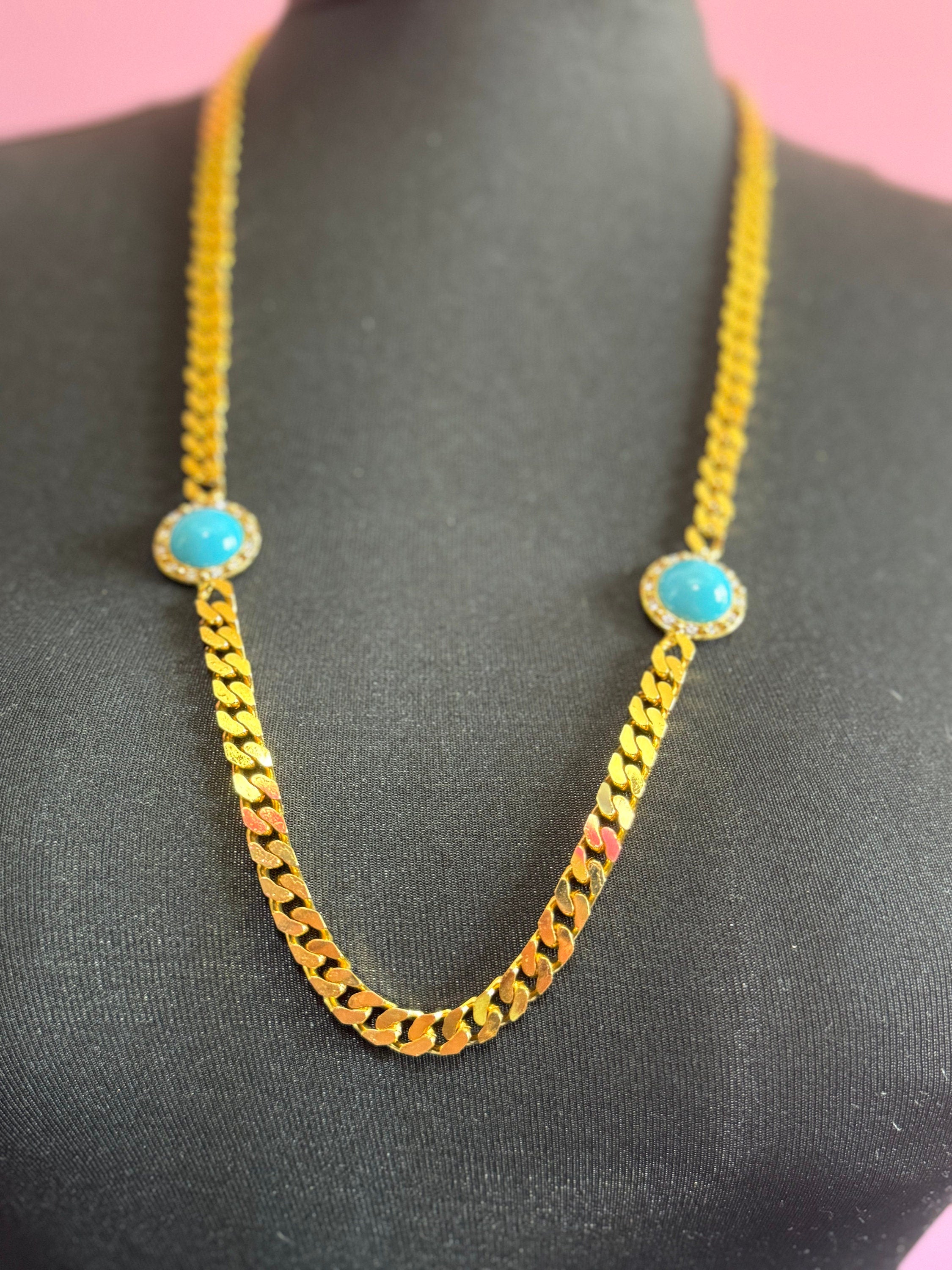 Vintage turquoise blue cabochon clear genuine Swarovski crystal gold tone round rhinestone station necklace and clip on earrings