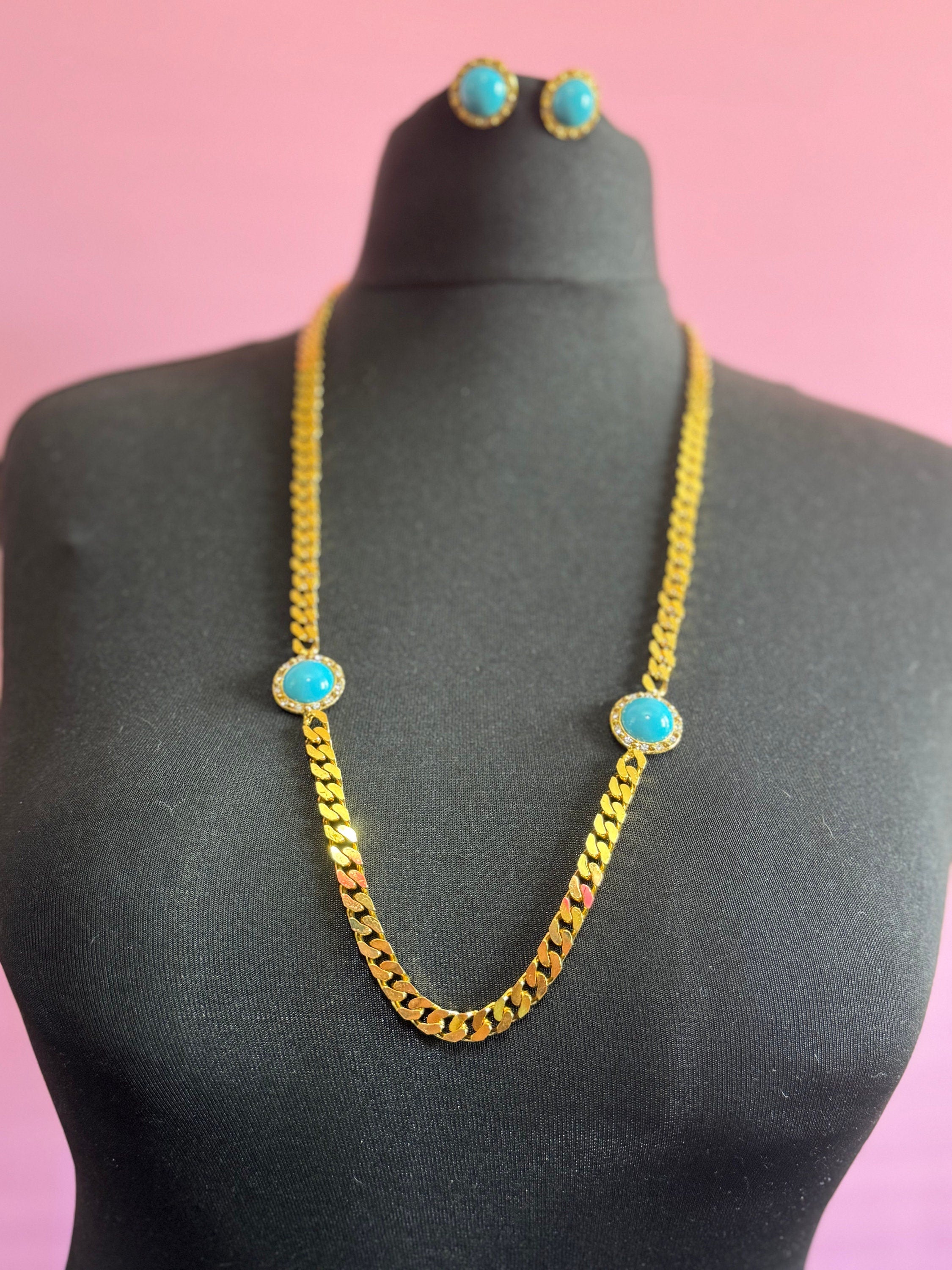 Vintage turquoise blue cabochon clear genuine Swarovski crystal gold tone round rhinestone station necklace and clip on earrings