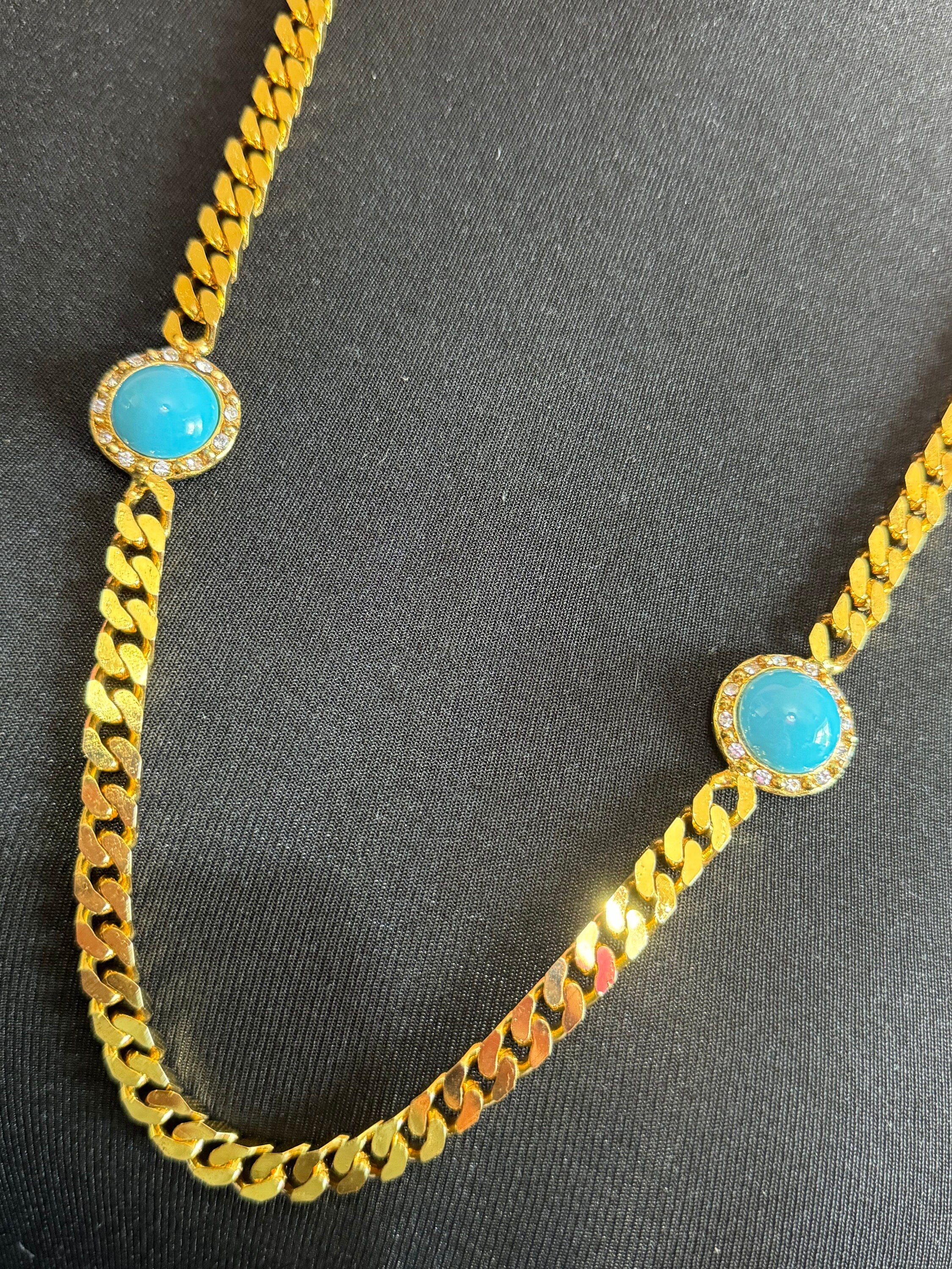 Vintage turquoise blue cabochon clear genuine Swarovski crystal gold tone round rhinestone station necklace and clip on earrings