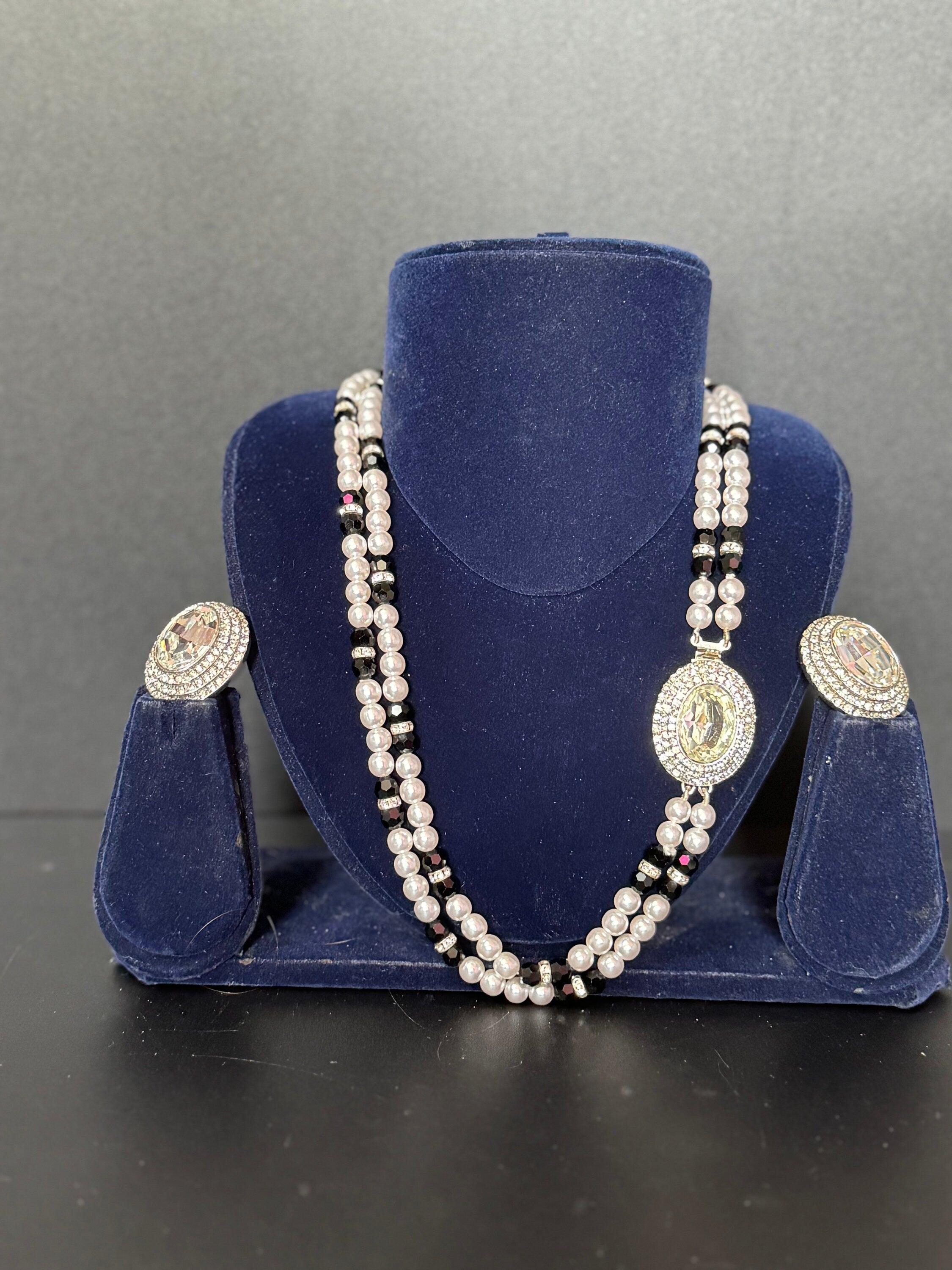 Vintage clear Swarovski crystal silver tone black and faux acrylic pearl necklace and matching clip on earrings jewellery set