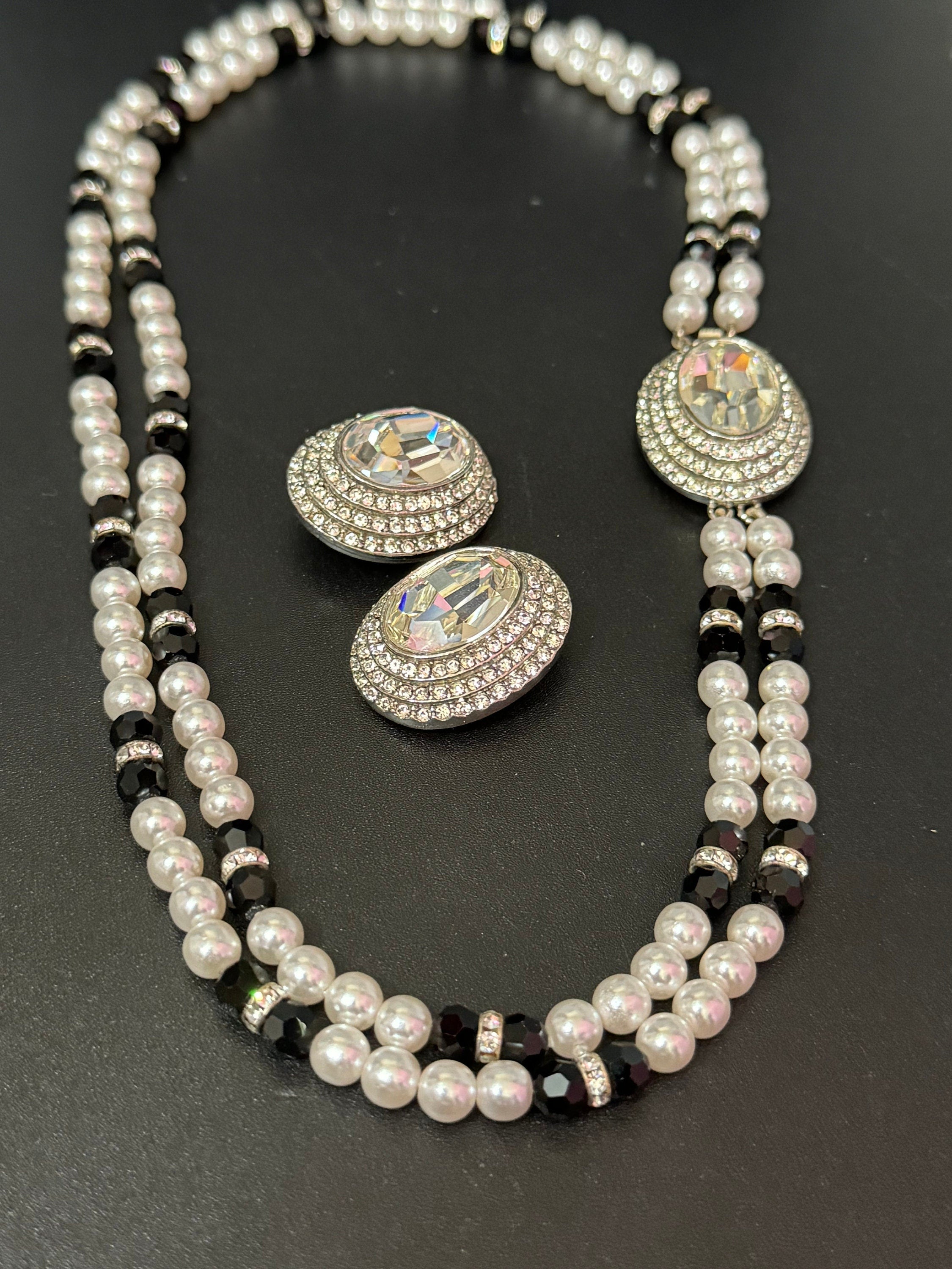 Vintage clear Swarovski crystal silver tone black and faux acrylic pearl necklace and matching clip on earrings jewellery set