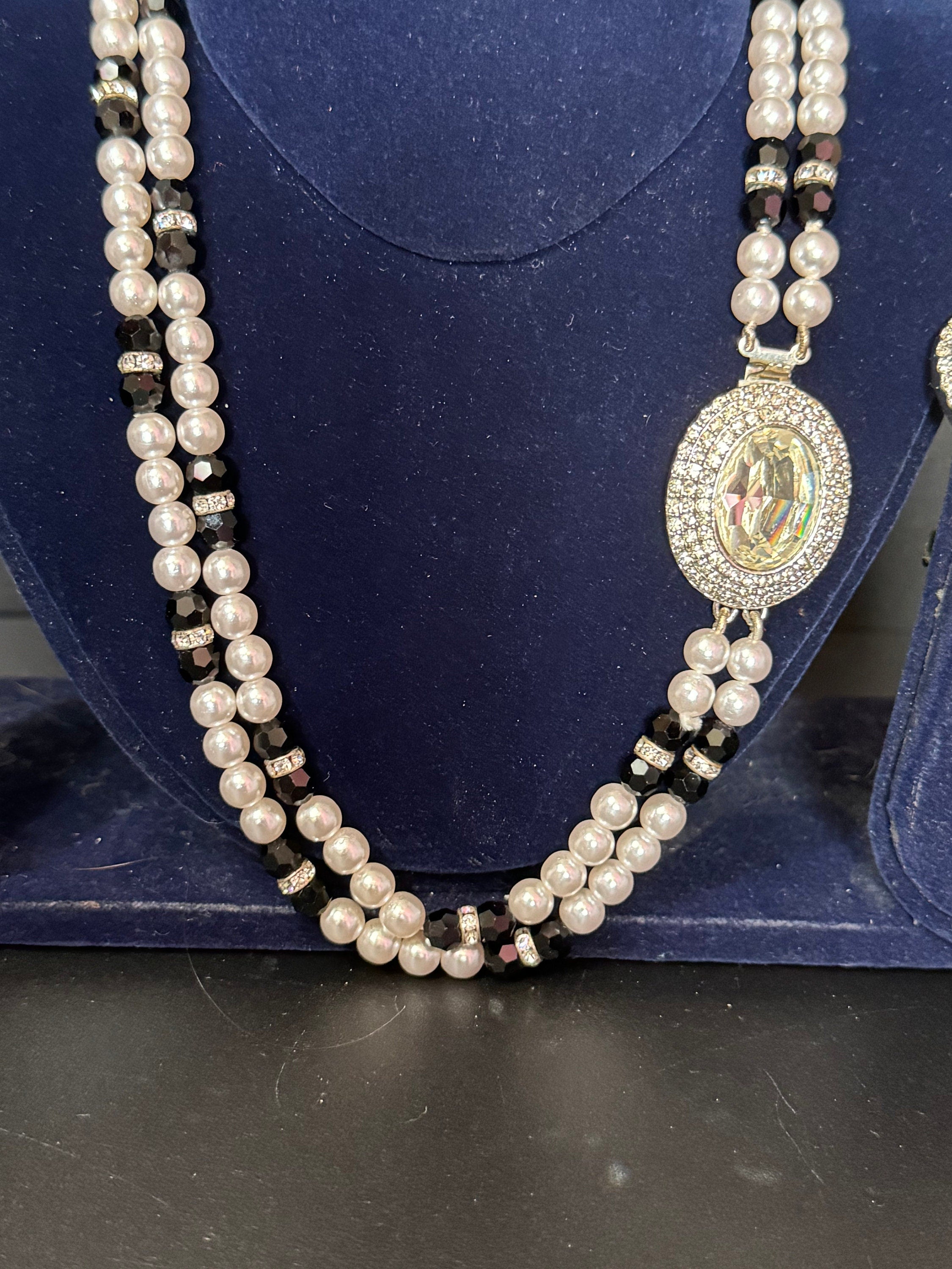 Vintage clear Swarovski crystal silver tone black and faux acrylic pearl necklace and matching clip on earrings jewellery set