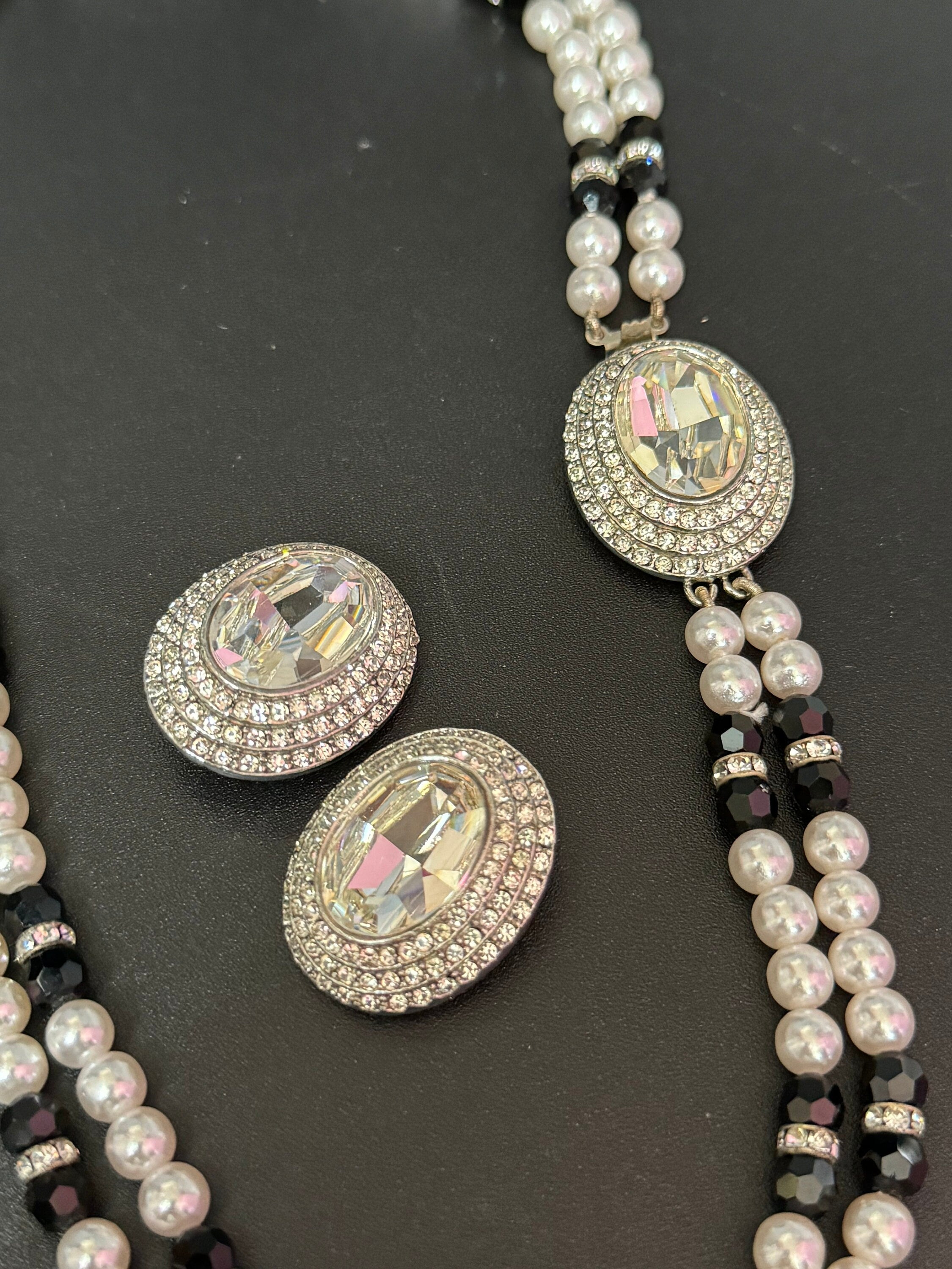 Vintage clear Swarovski crystal silver tone black and faux acrylic pearl necklace and matching clip on earrings jewellery set