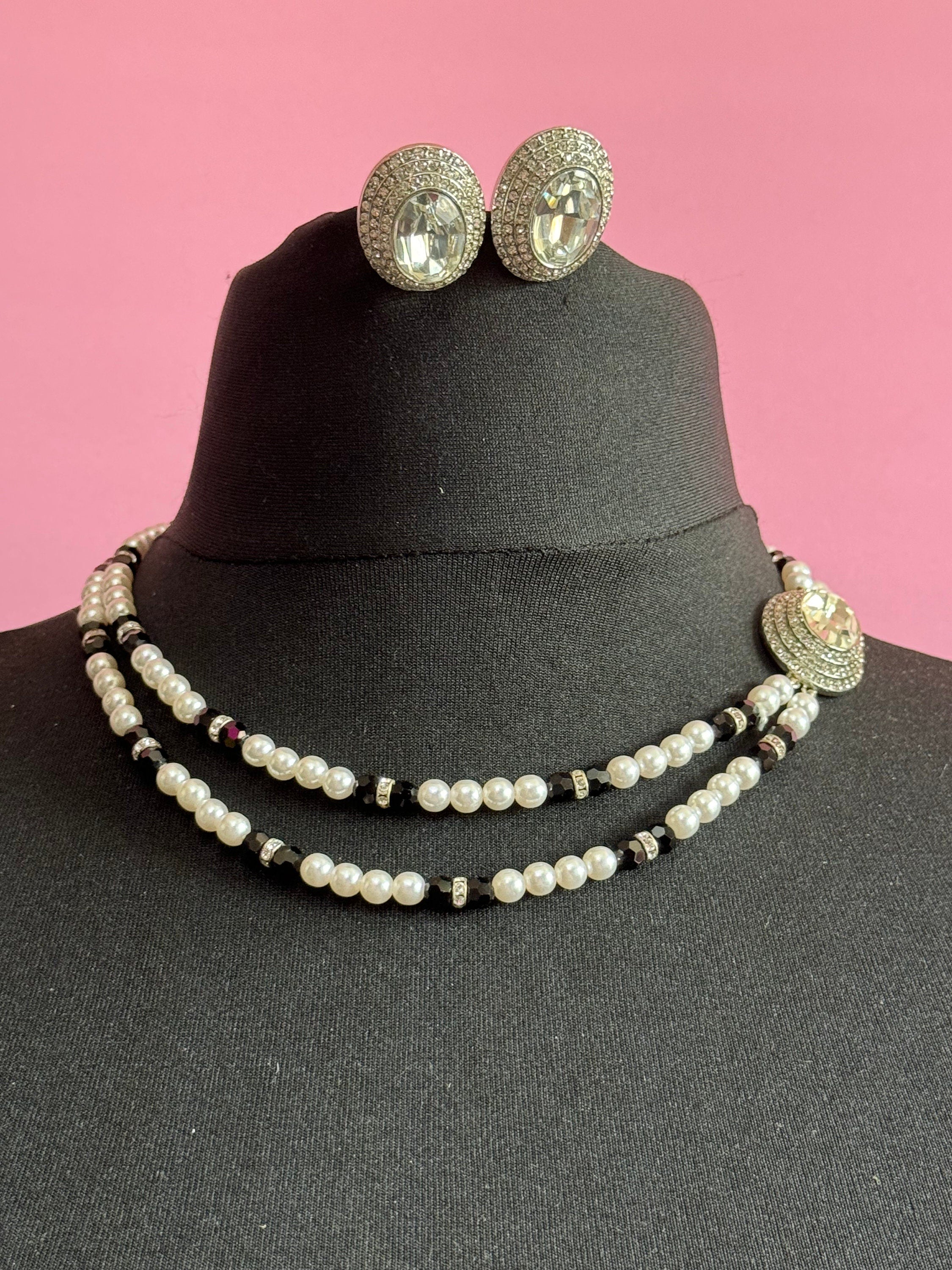 Vintage clear Swarovski crystal silver tone black and faux acrylic pearl necklace and matching clip on earrings jewellery set