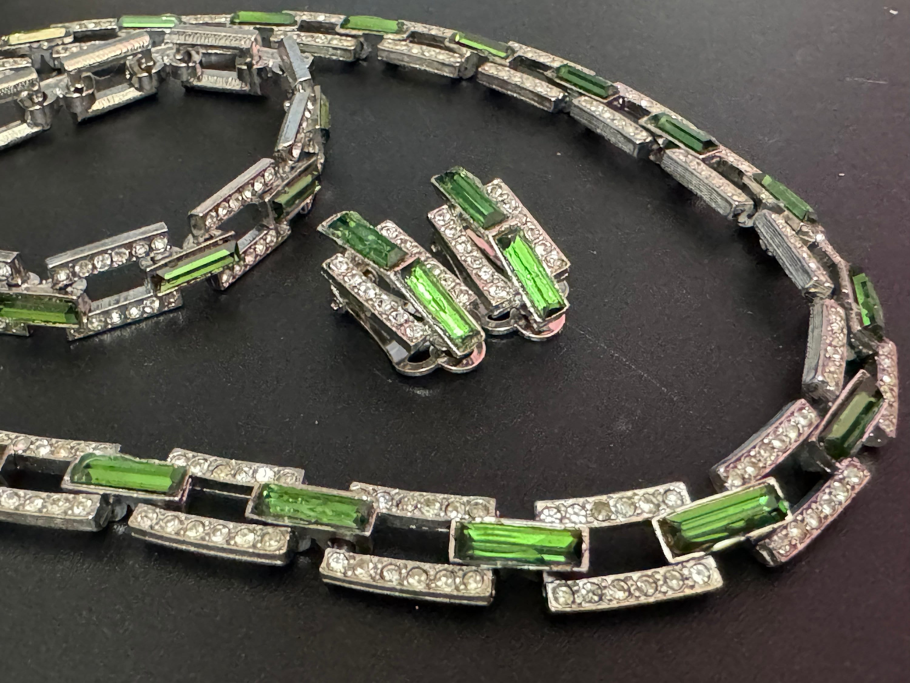 Vintage emerald green tourmaline clear genuine Swarovski baguette crystal silver tone geometric necklace bracelet & clip on earrings set