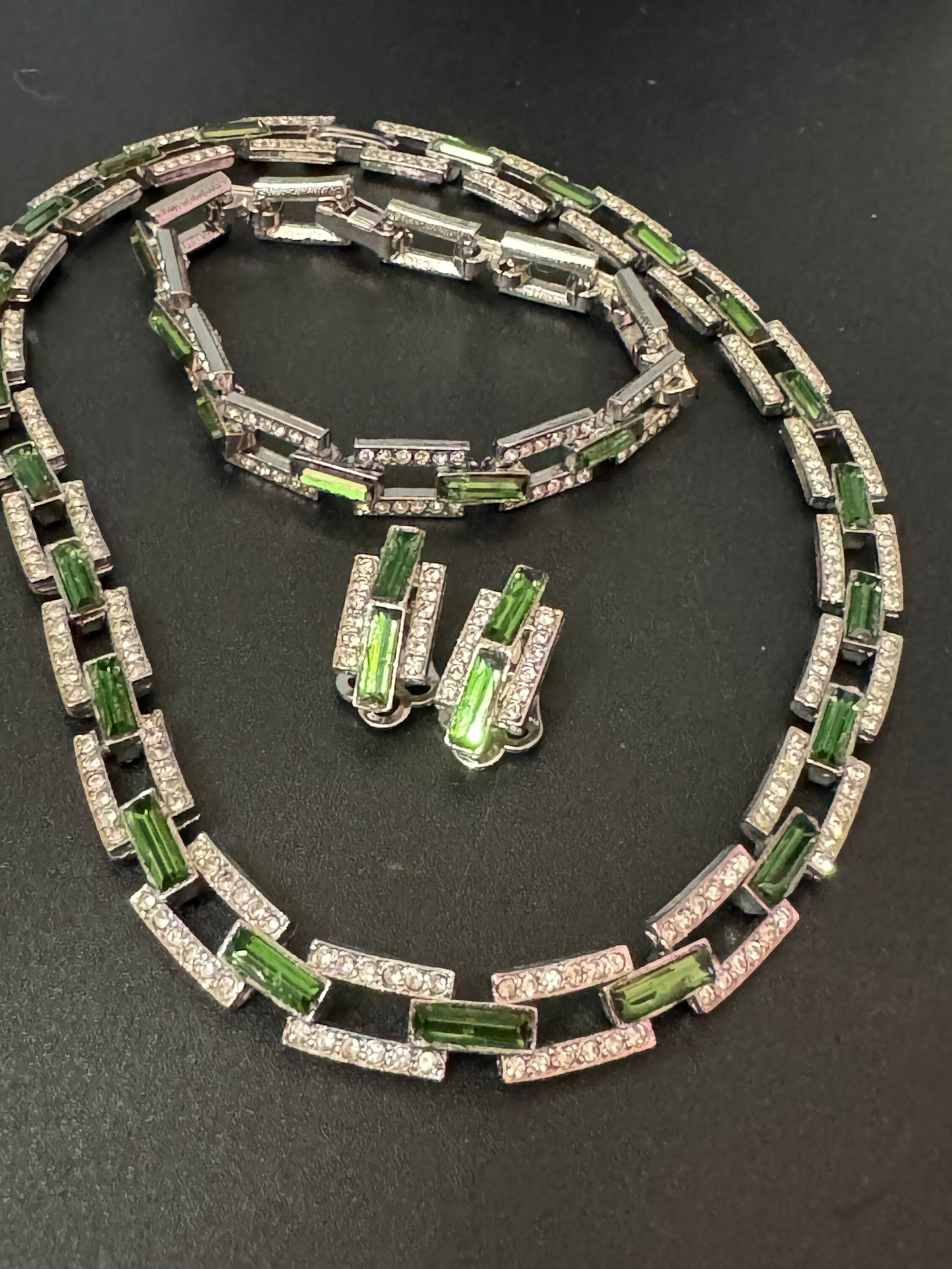 Vintage emerald green tourmaline clear genuine Swarovski baguette crystal silver tone geometric necklace bracelet & clip on earrings set