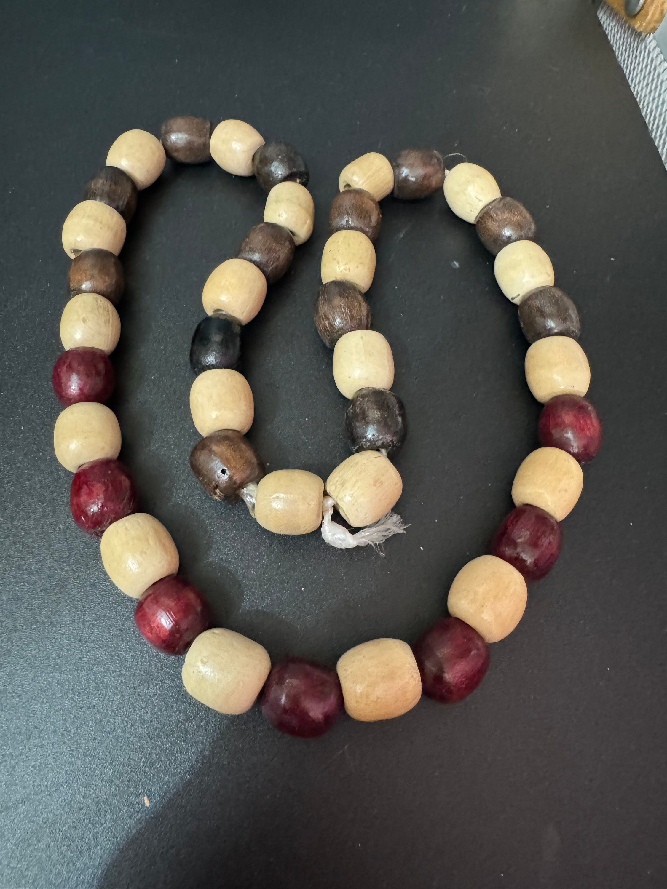 long vintage beige and dark brown wooden natural oval beaded layering necklace boho festival jewellery