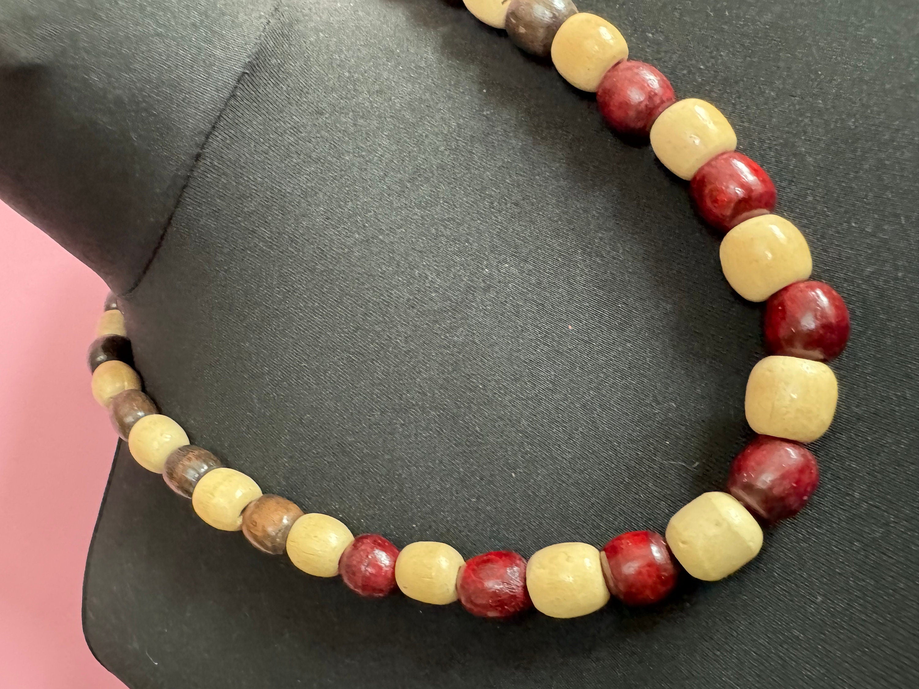 long vintage beige and dark brown wooden natural oval beaded layering necklace boho festival jewellery