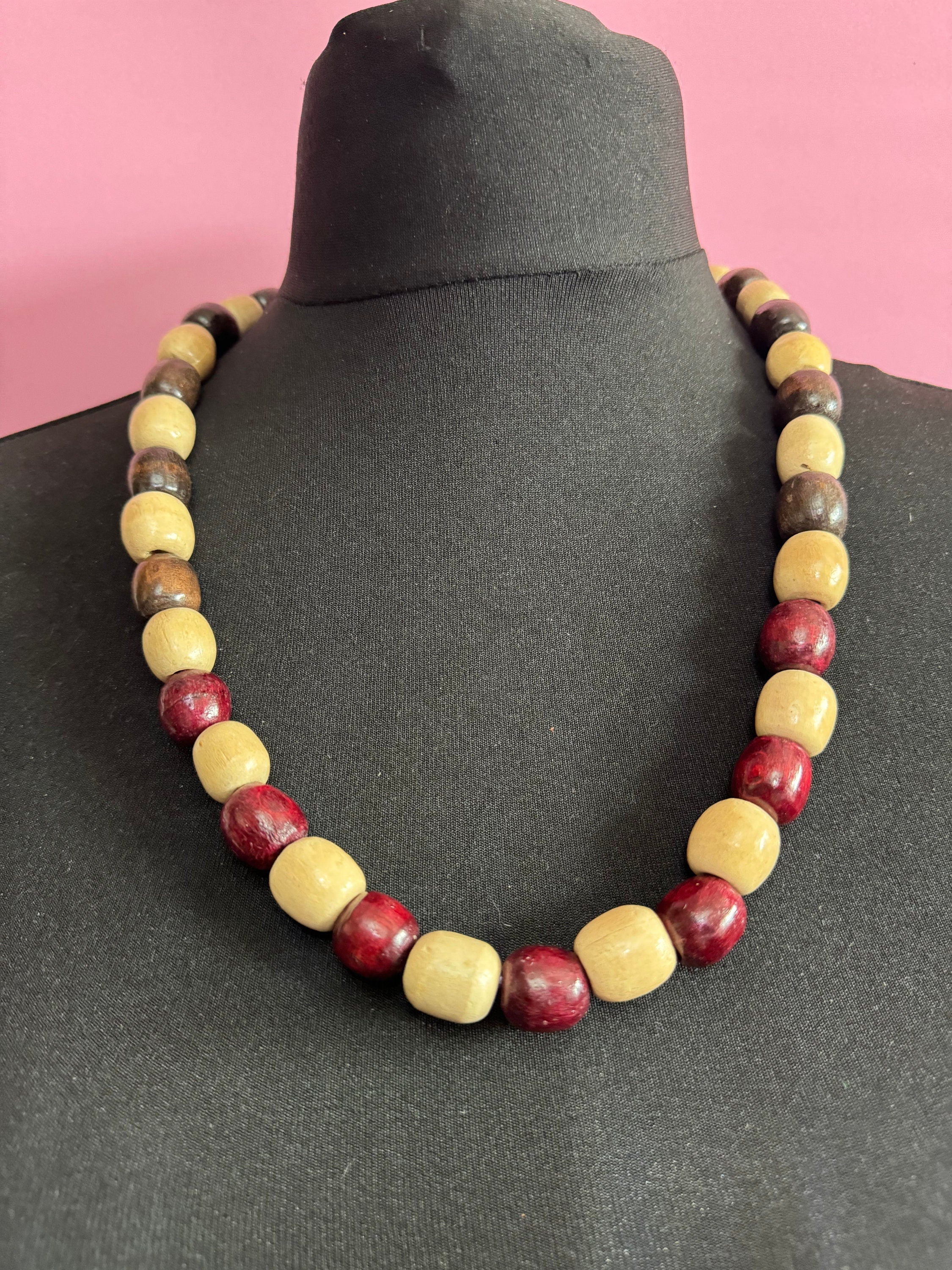 long vintage beige and dark brown wooden natural oval beaded layering necklace boho festival jewellery