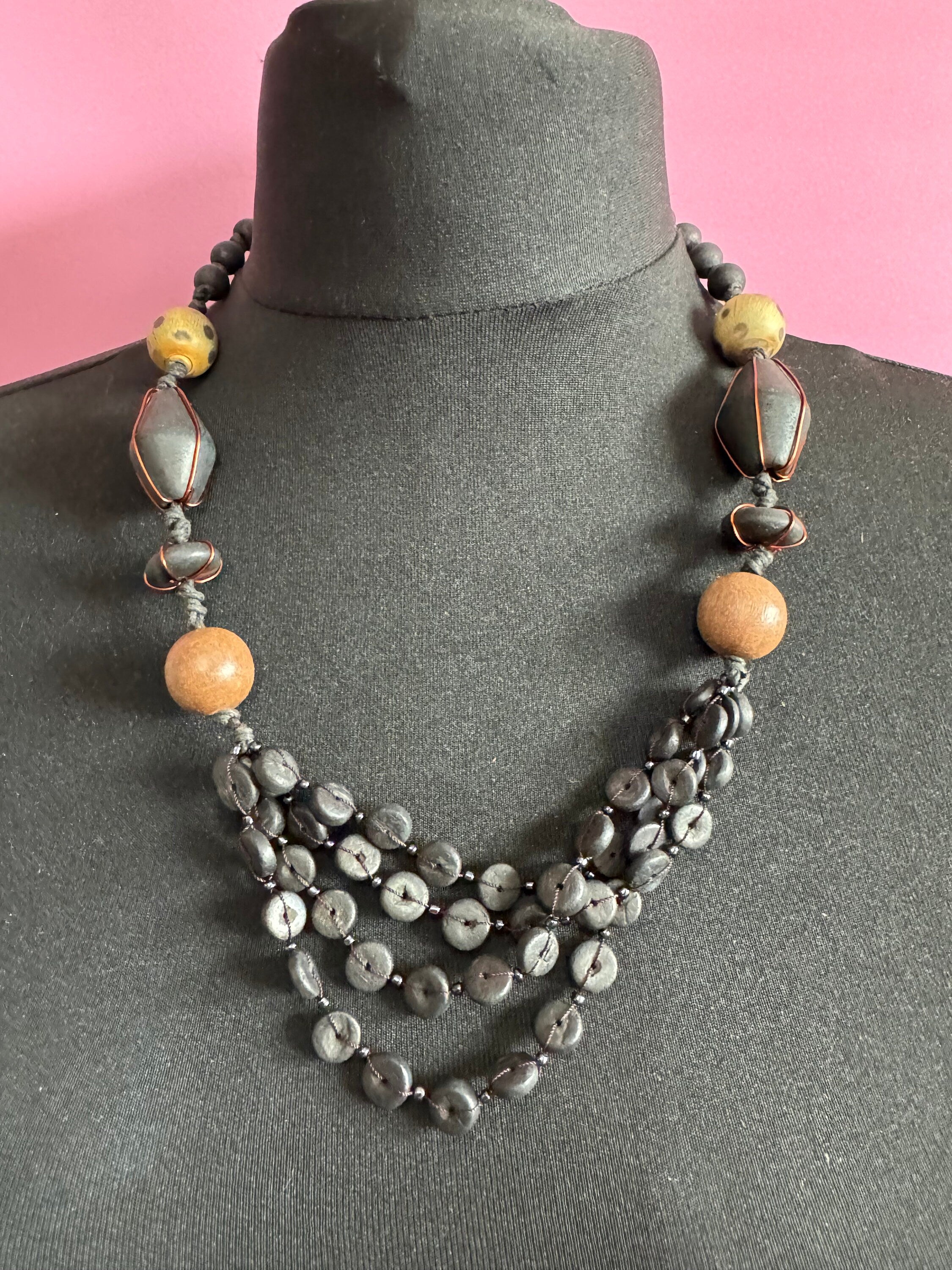 Vintage Chunky Wooden Beaded Collar Necklace: Boho Layering Jewelry