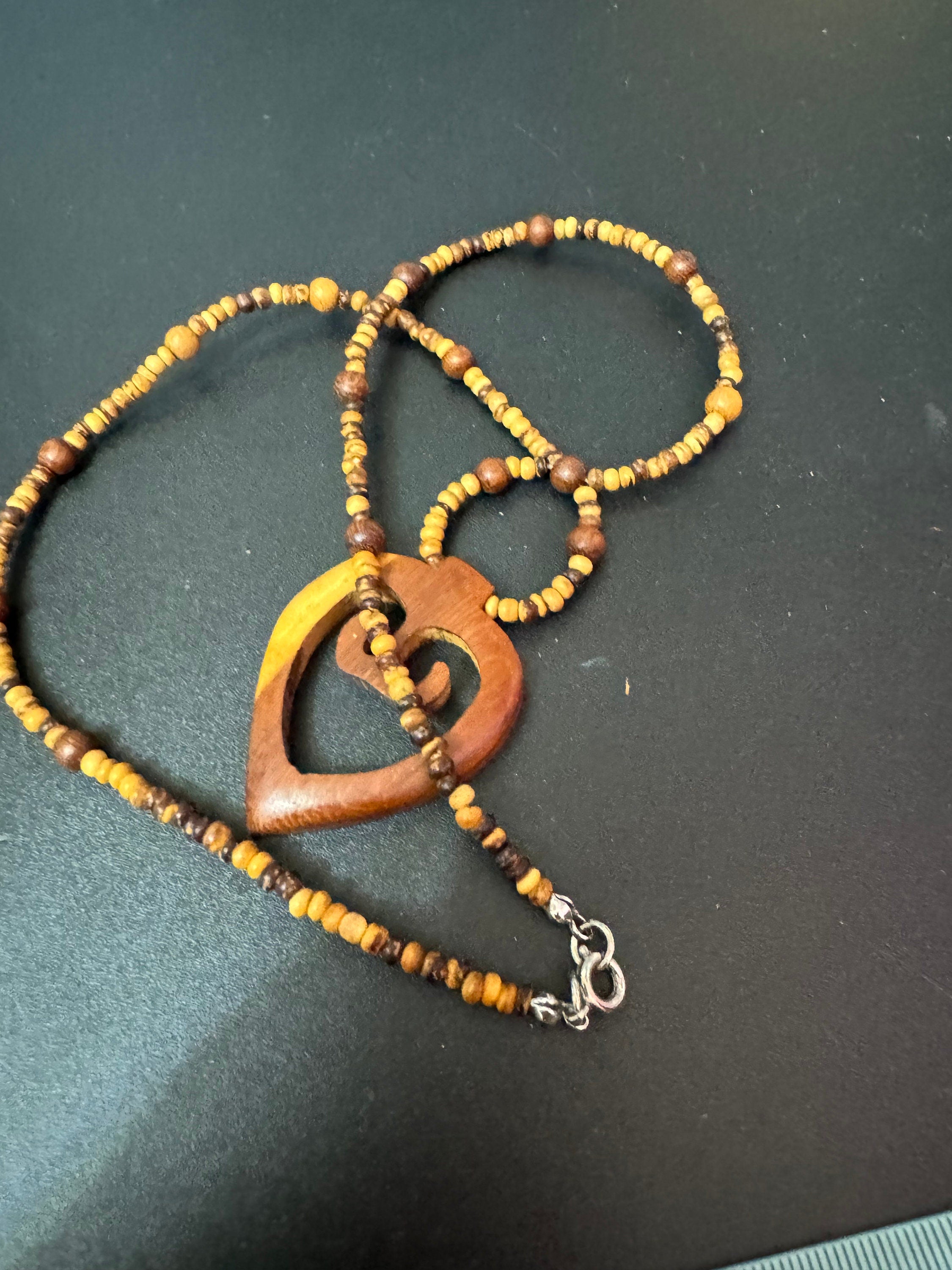vintage dark brown wooden beaded carved pendant necklace boho festival jewellery