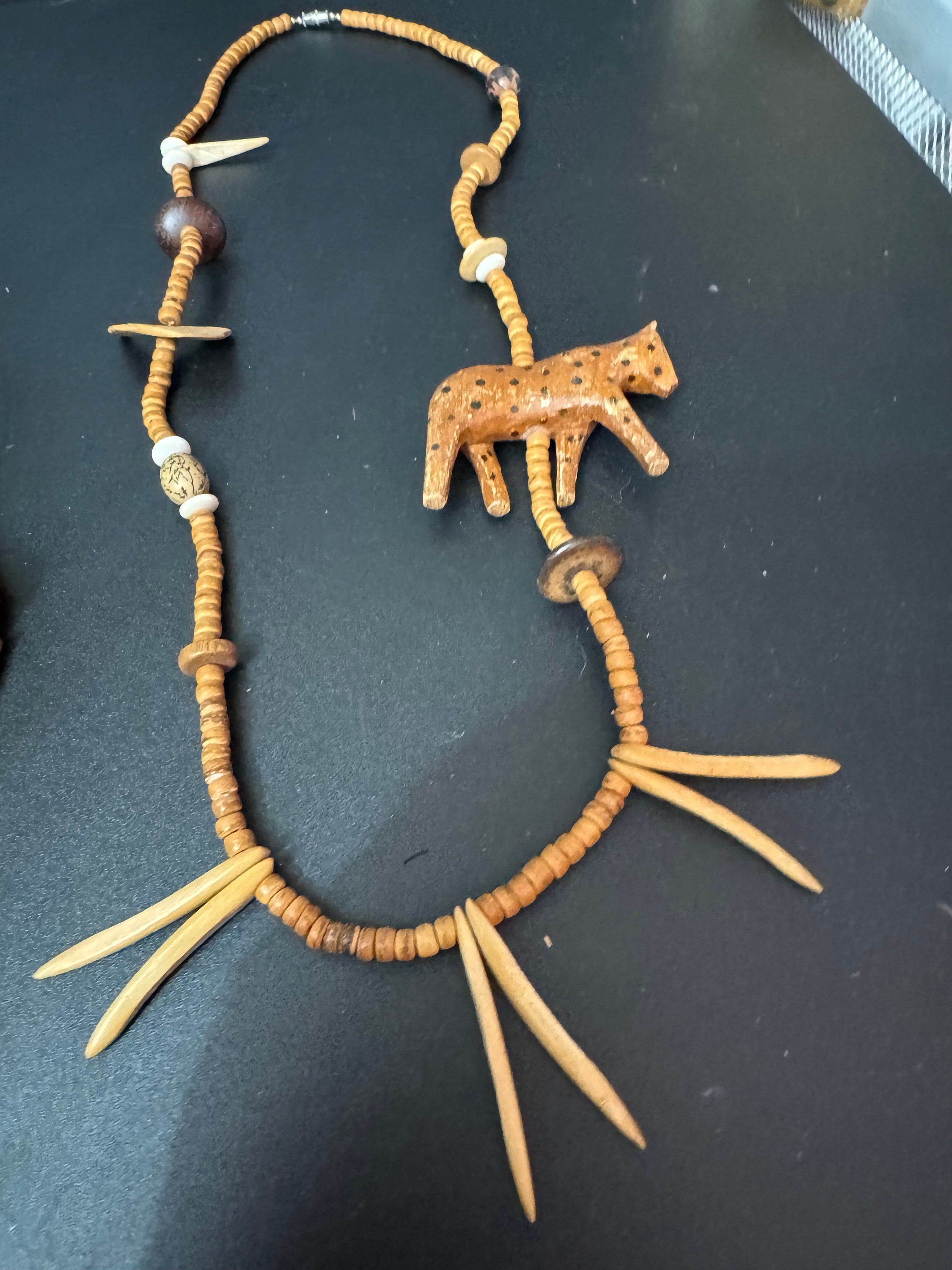 vintage dark brown wooden beaded carved African leopard long necklace boho festival jewellery big cat