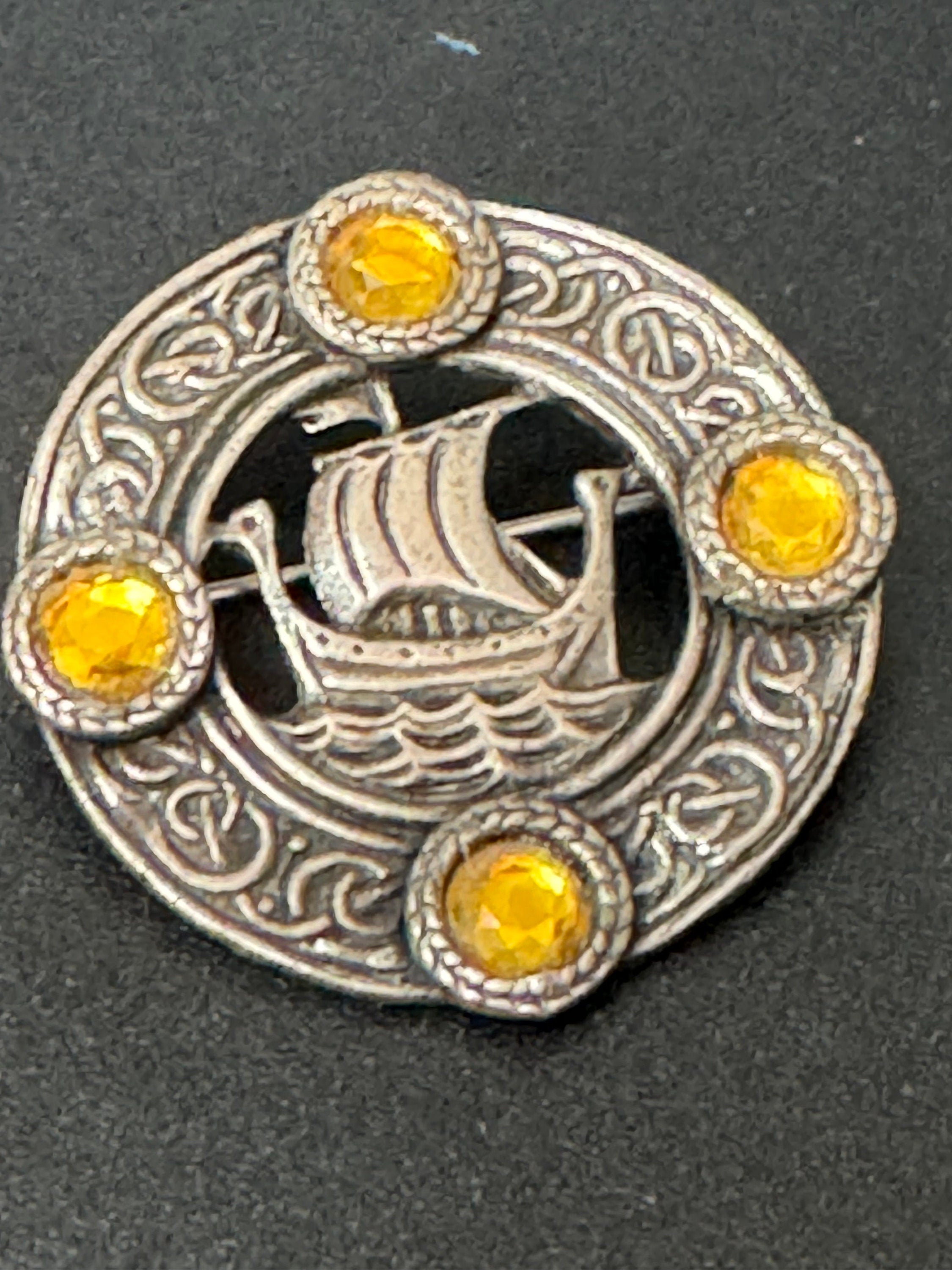 vintage round silver tone Etruscan Viking longship Nordic medallion shield brooch with amber cabochons