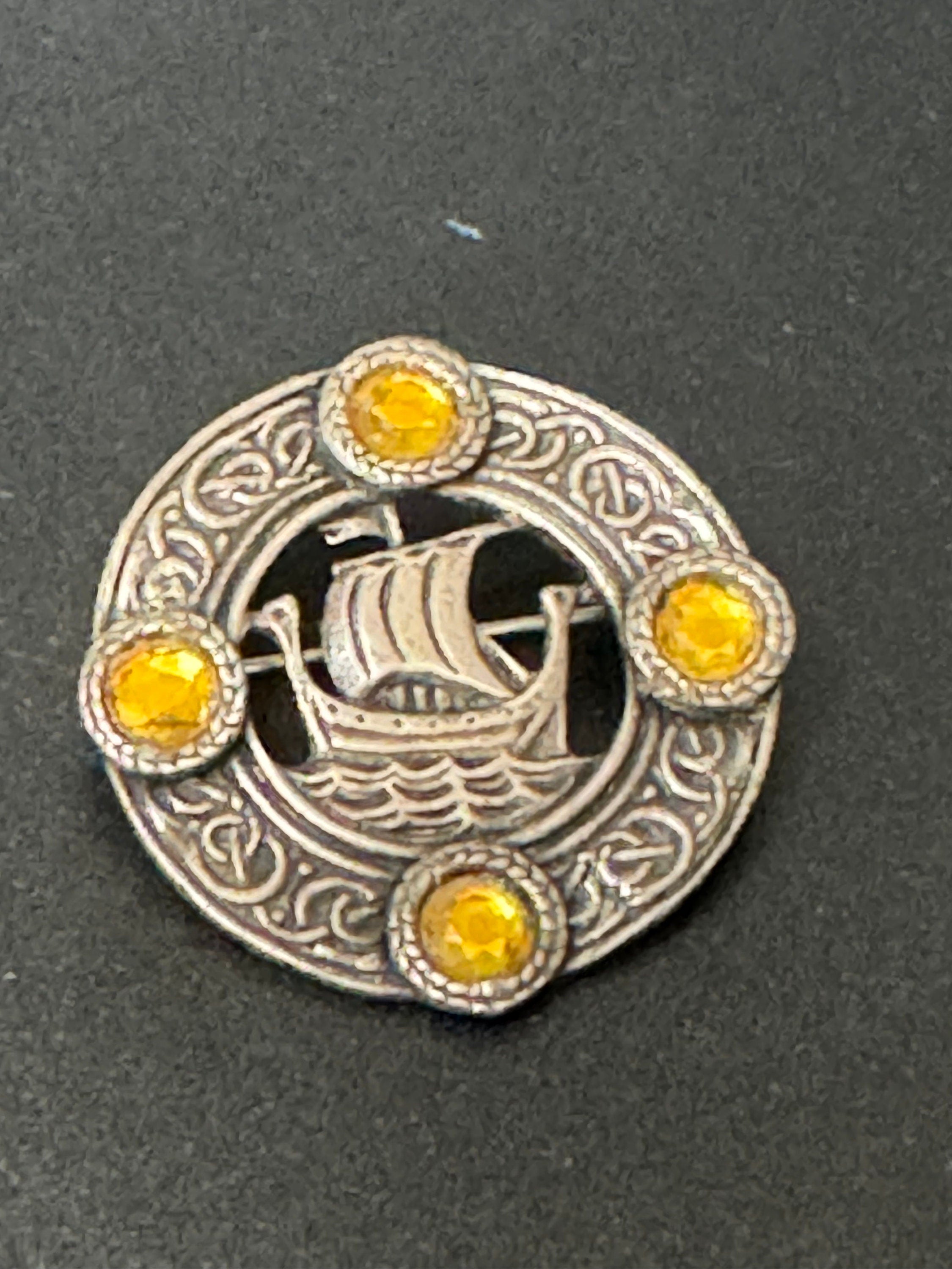 vintage round silver tone Etruscan Viking longship Nordic medallion shield brooch with amber cabochons