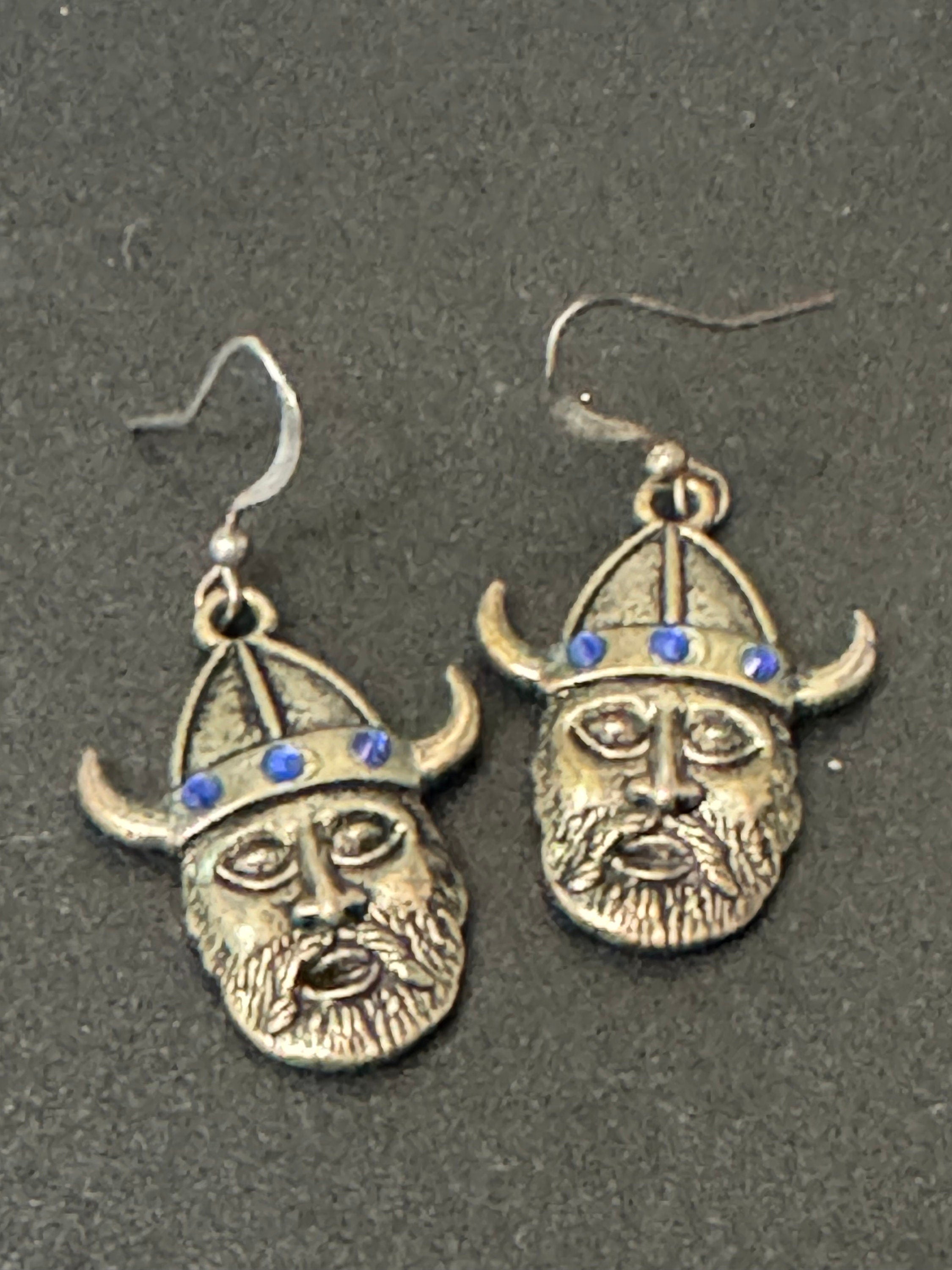 Vintage novelty Viking earrings with blue rhinestones Nordic pierced ears earwires