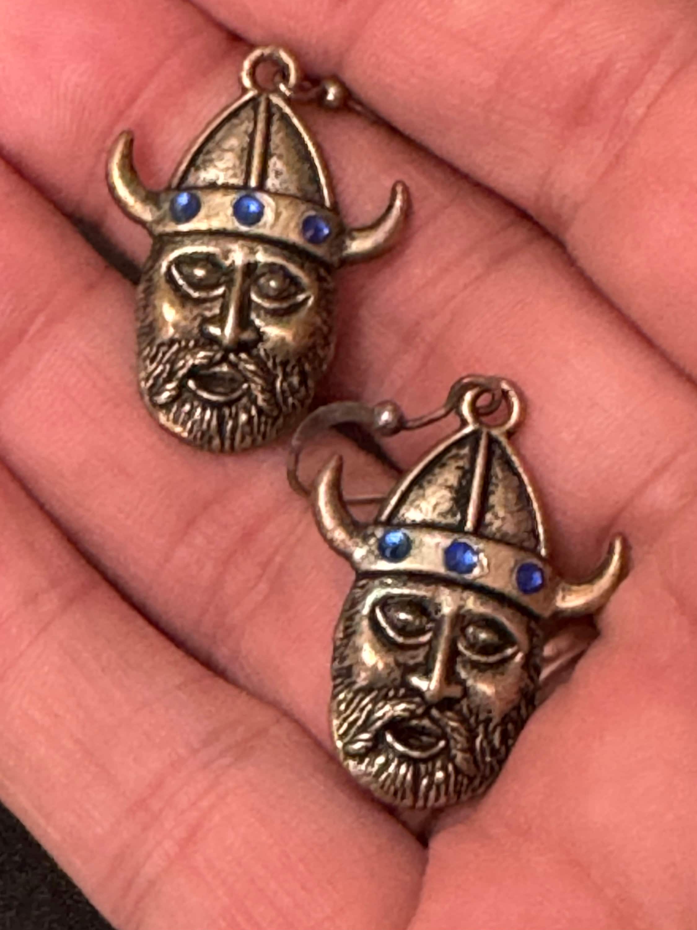 Vintage novelty Viking earrings with blue rhinestones Nordic pierced ears earwires