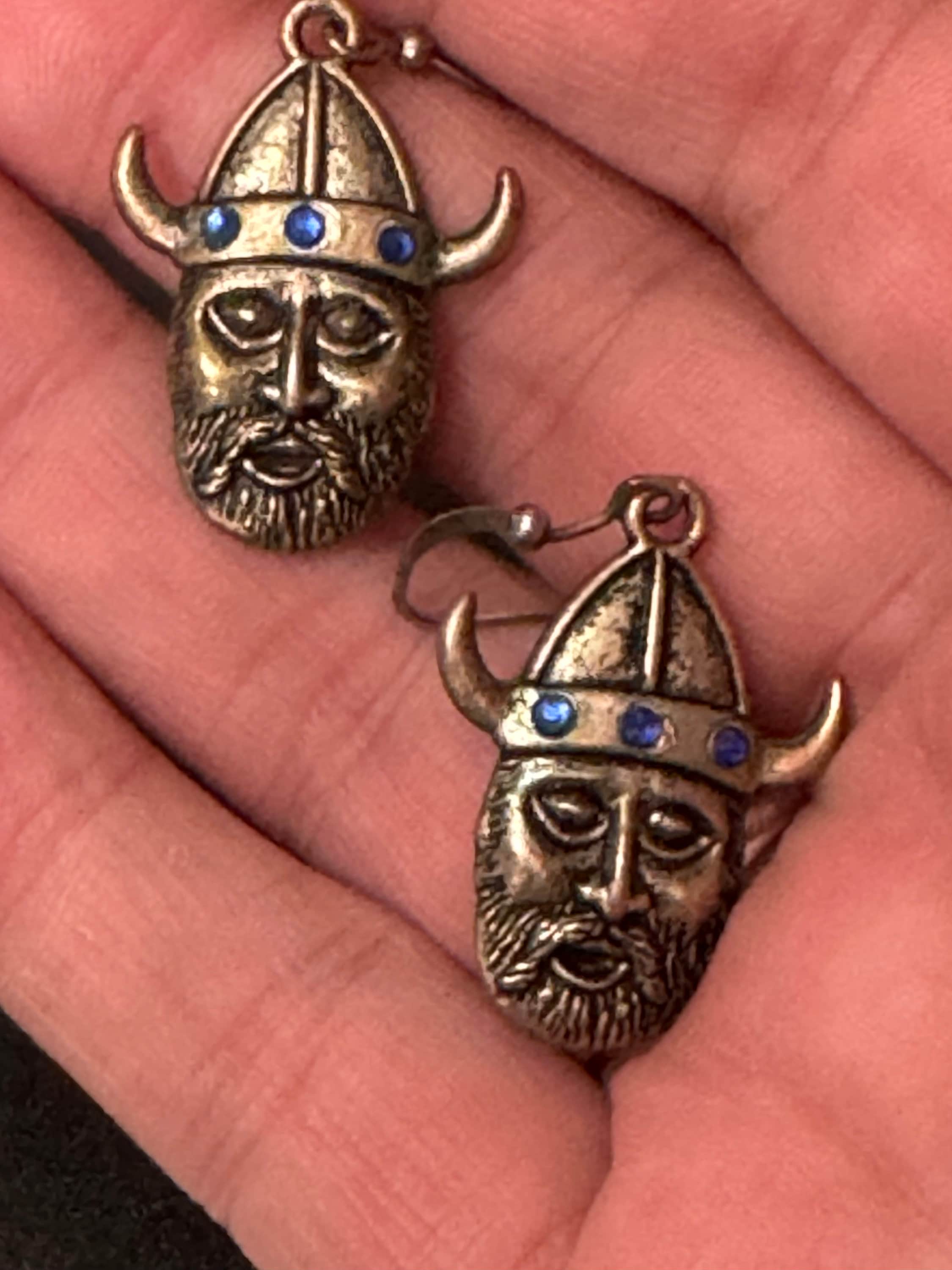 Vintage novelty Viking earrings with blue rhinestones Nordic pierced ears earwires