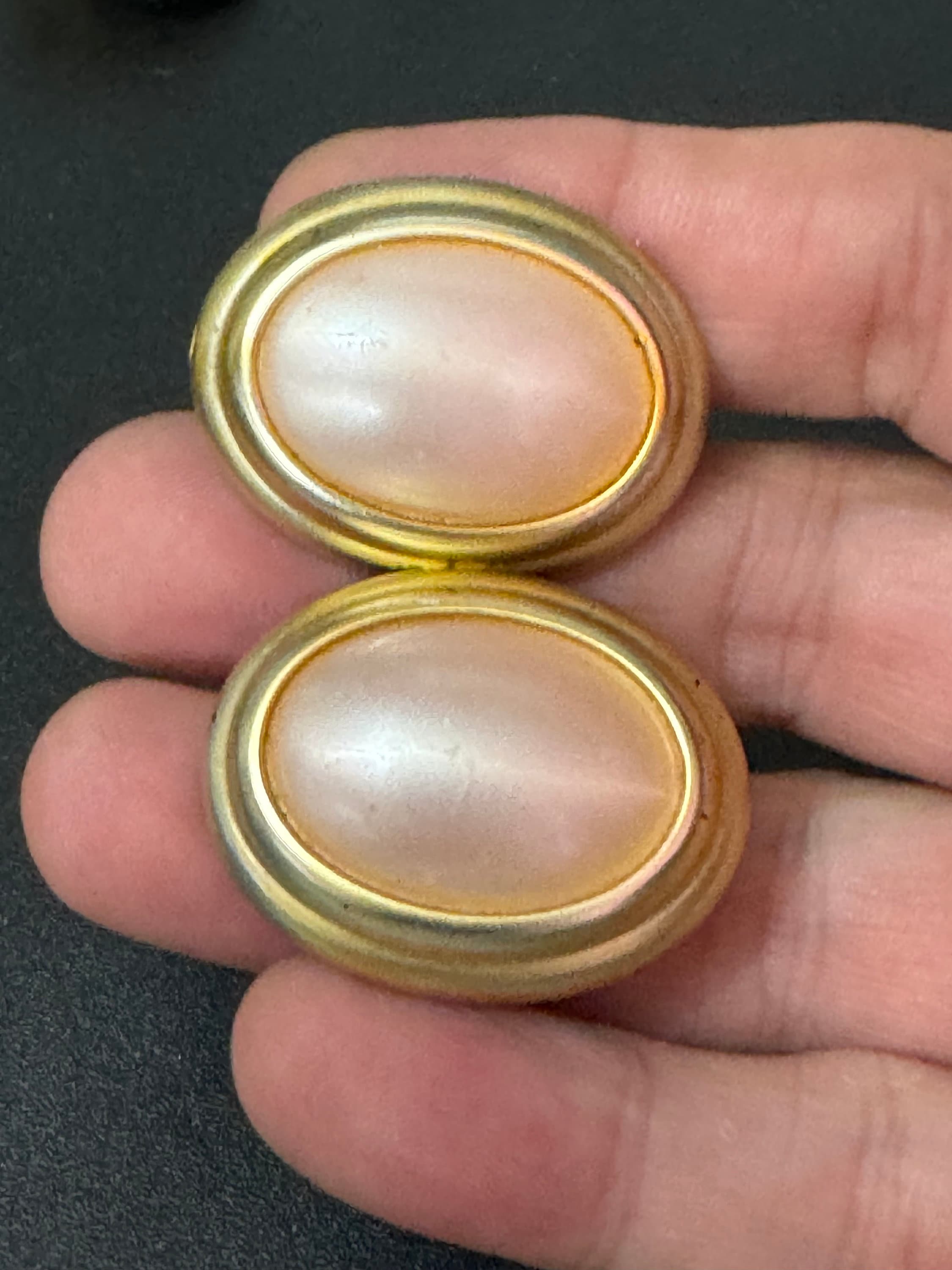 Oversized Vintage Light Pink Button Clip On Earrings - Gold Tone