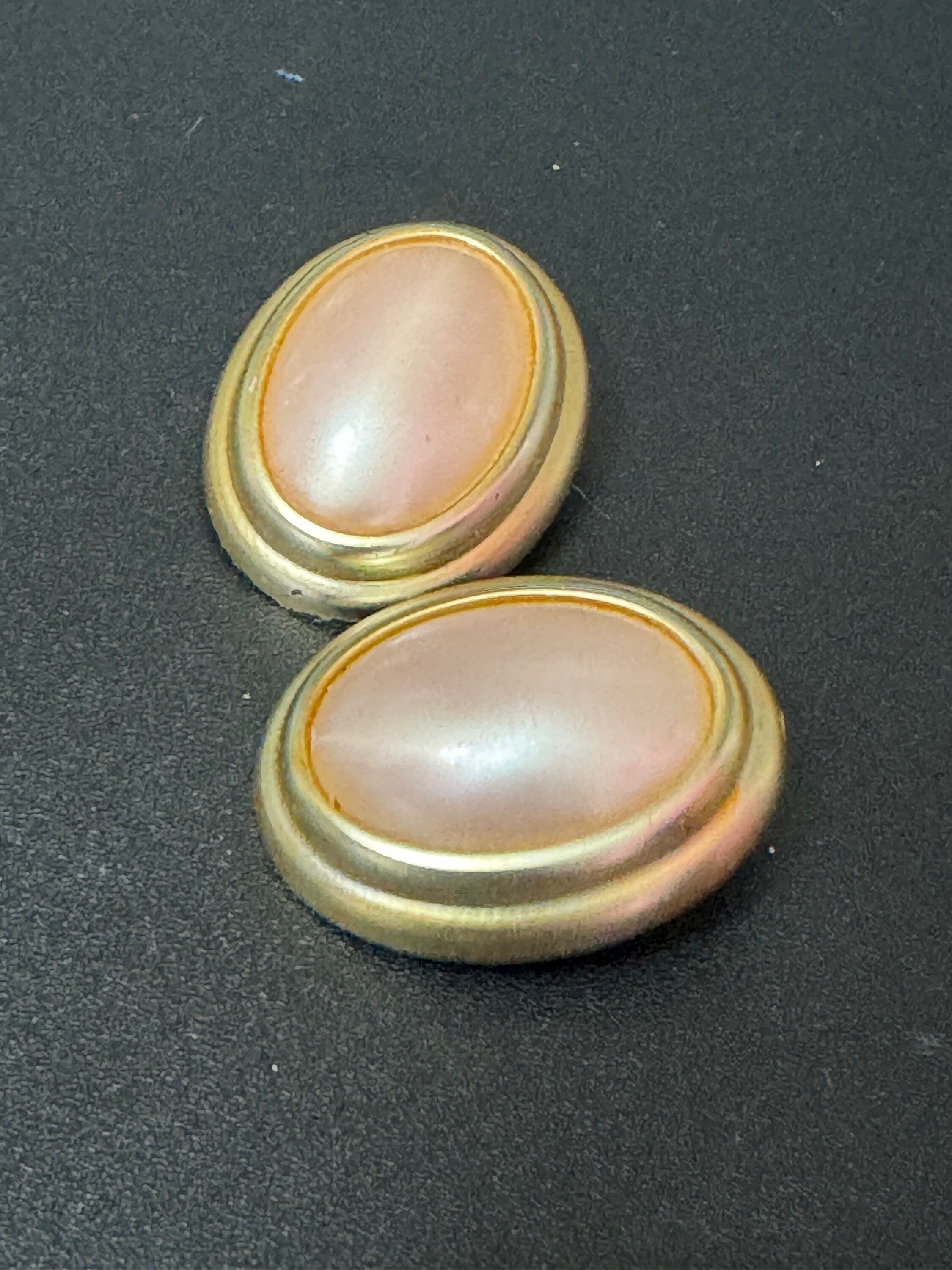 Oversized Vintage Light Pink Button Clip On Earrings - Gold Tone