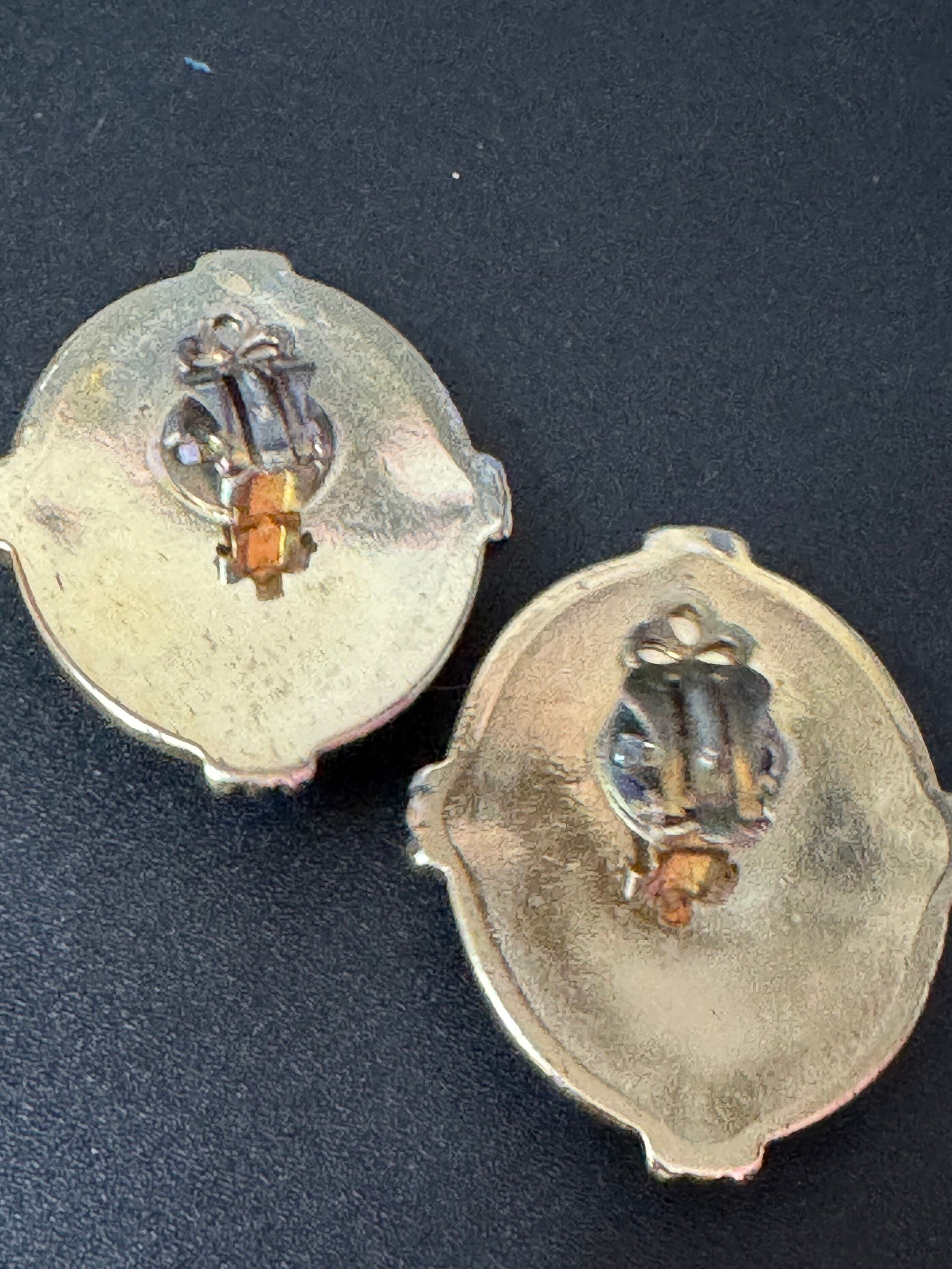 Oversized vintage oval white button low domed plastic button Clip On Earrings gold tone lightweight 4cm
